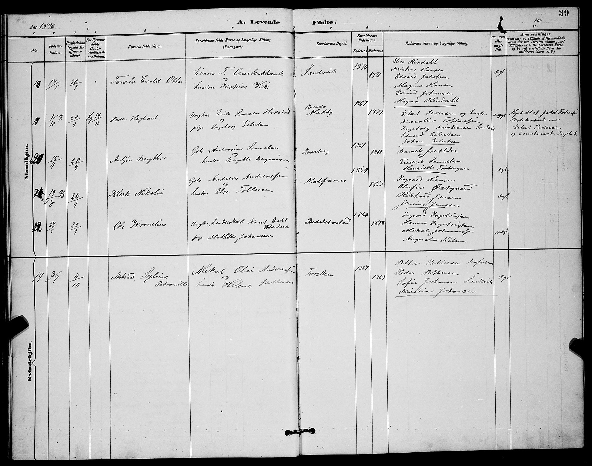 Berg sokneprestkontor, AV/SATØ-S-1318/G/Ga/Gab/L0012klokker: Parish register (copy) no. 12, 1887-1902, p. 39