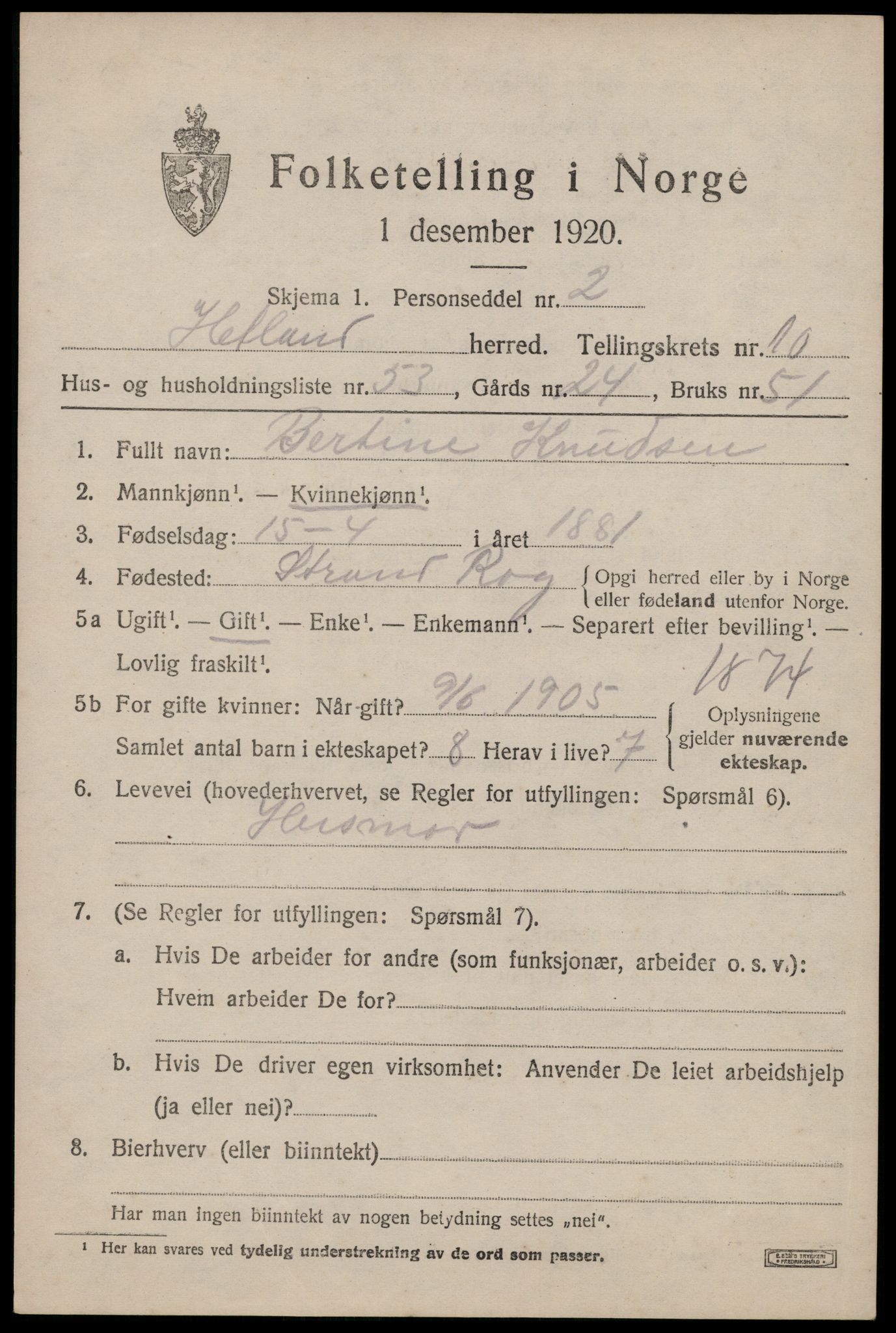 SAST, 1920 census for Hetland, 1920, p. 19661