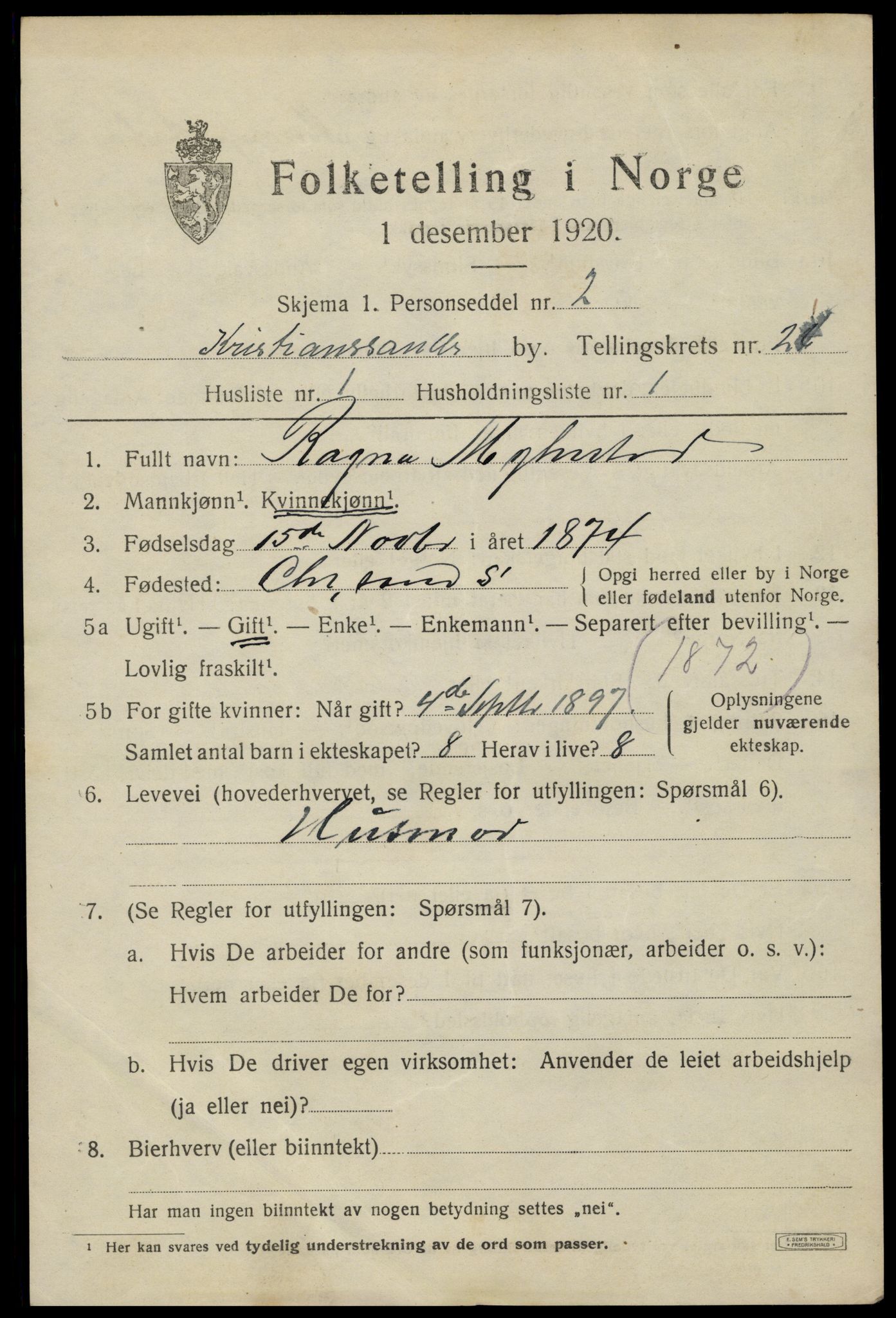 SAK, 1920 census for Kristiansand, 1920, p. 42241