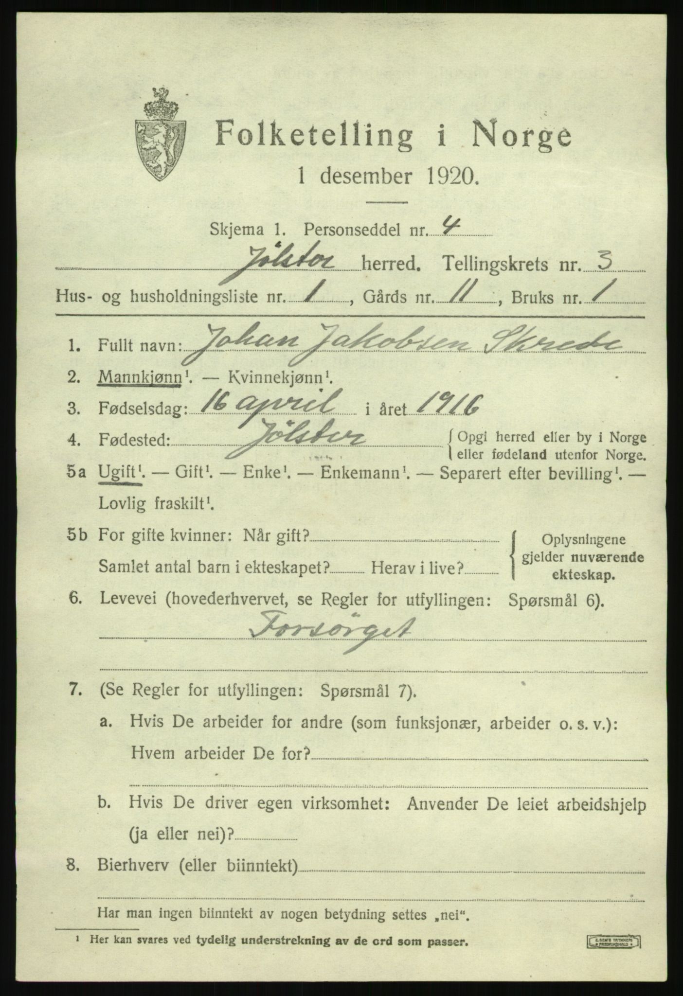 SAB, 1920 census for Jølster, 1920, p. 1964