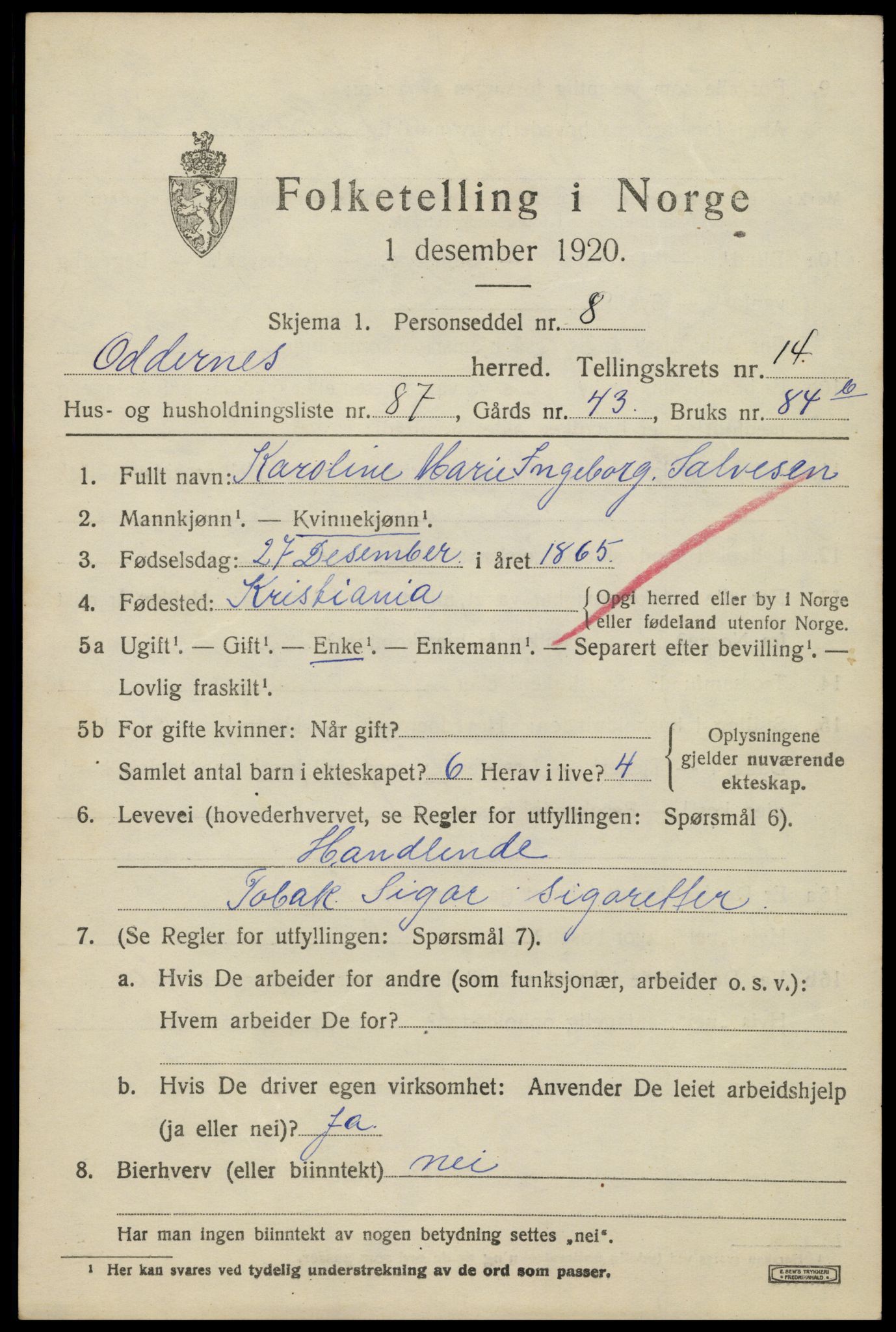 SAK, 1920 census for Oddernes, 1920, p. 9635