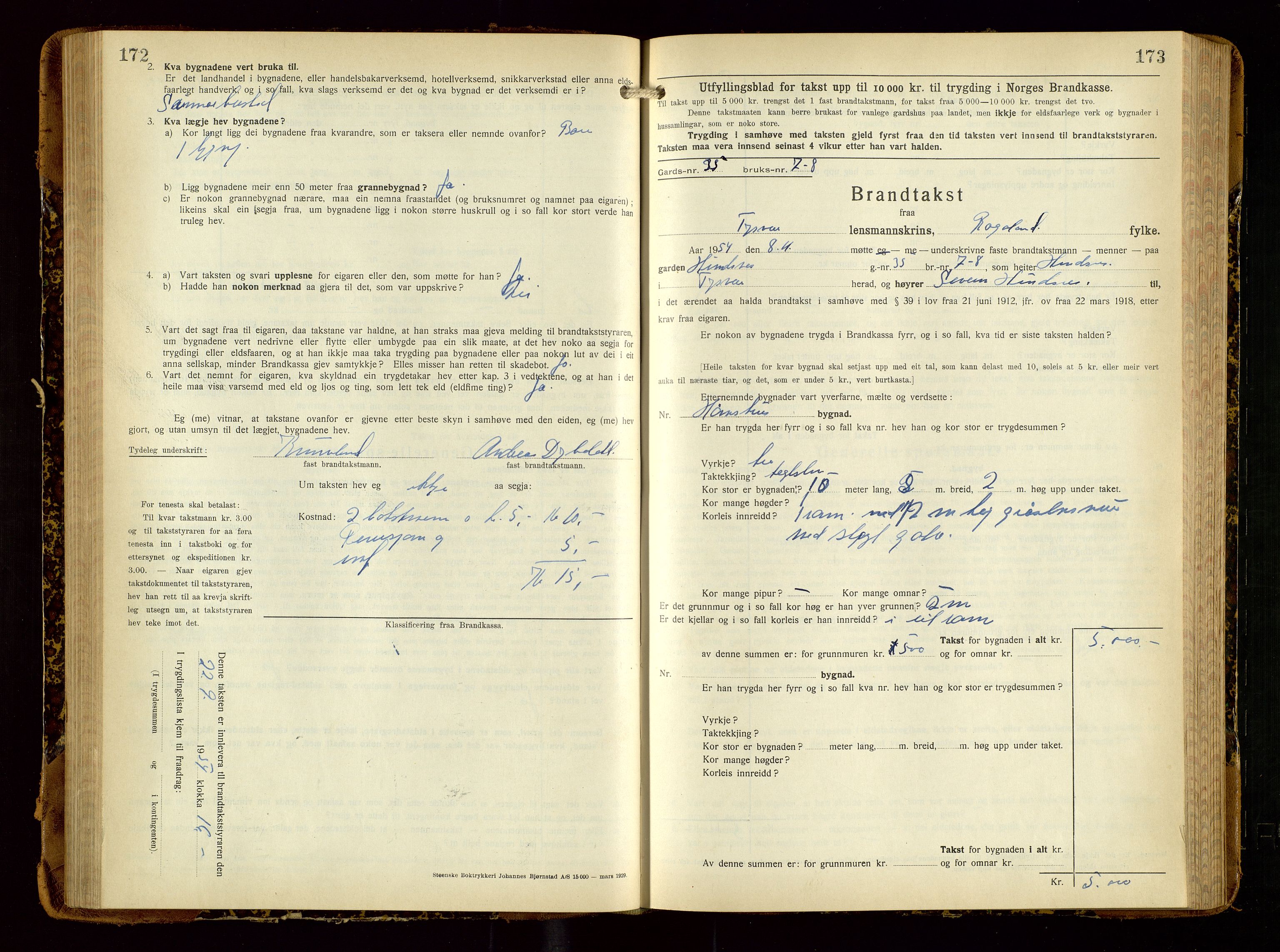 Tysvær lensmannskontor, AV/SAST-A-100192/Gob/L0003: "Brandtakstbok for Tysvær lensmannskrins", 1932-1955, p. 172-173