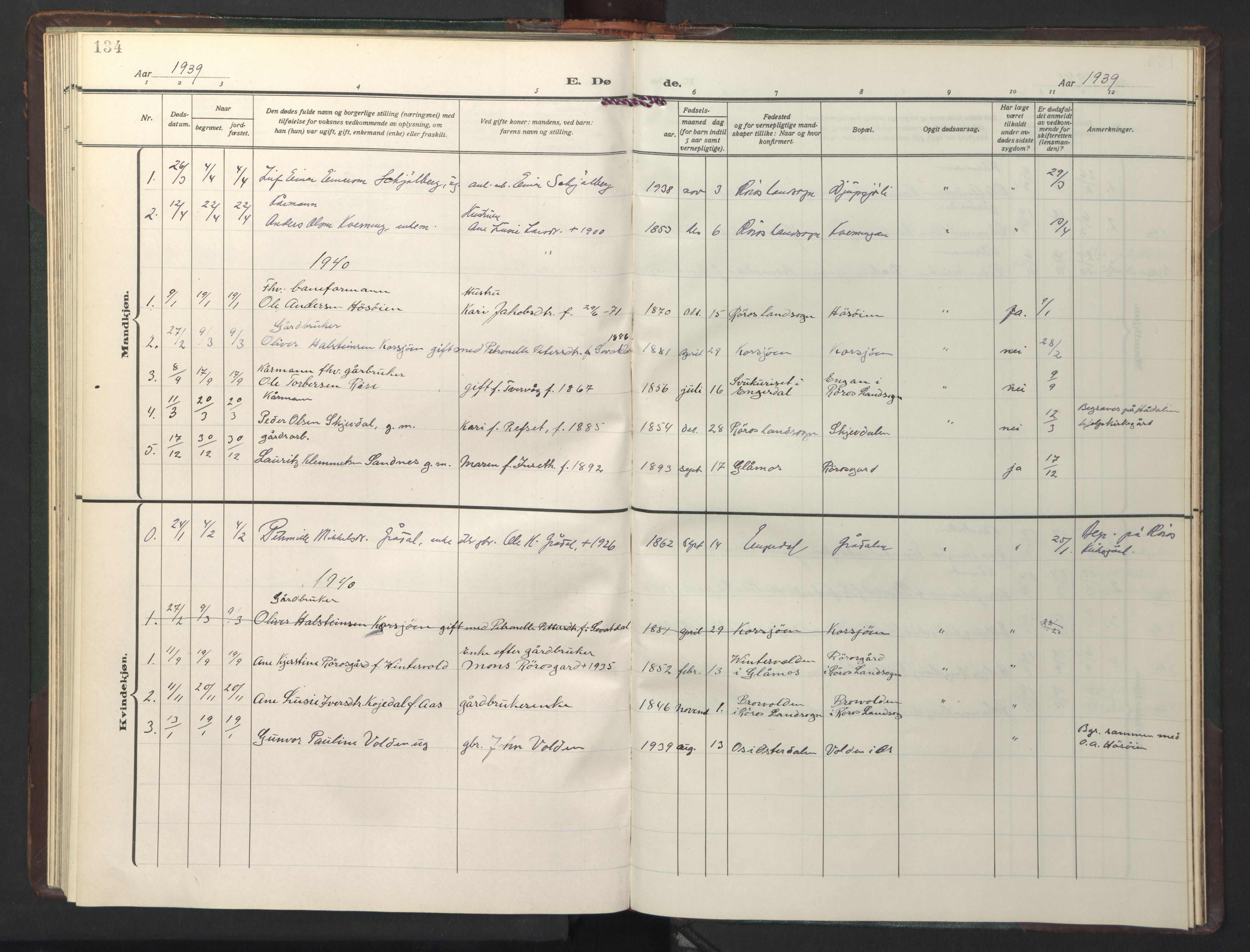 Ministerialprotokoller, klokkerbøker og fødselsregistre - Sør-Trøndelag, SAT/A-1456/681/L0944: Parish register (copy) no. 681C08, 1926-1954, p. 134