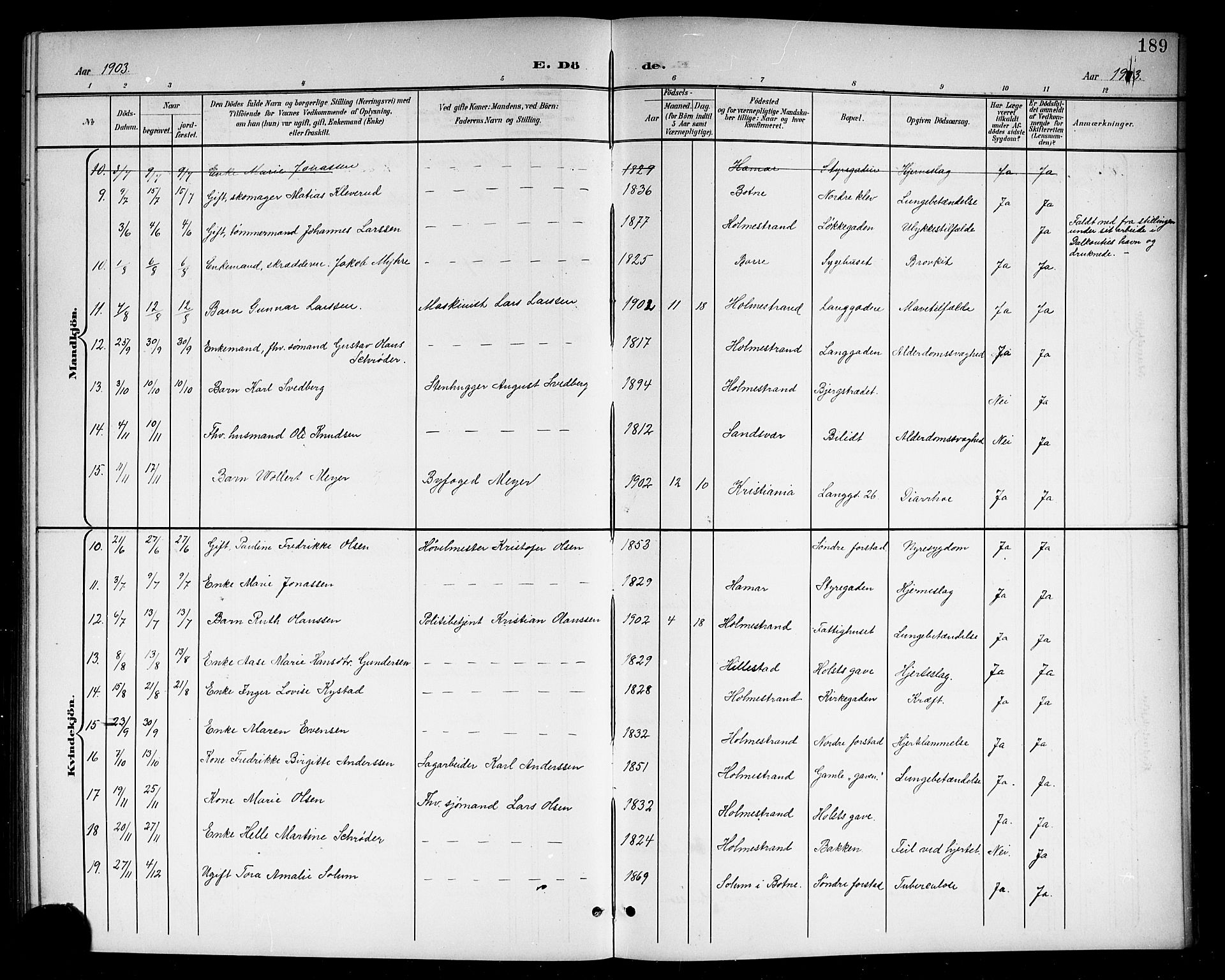 Holmestrand kirkebøker, AV/SAKO-A-346/G/Ga/L0006: Parish register (copy) no. 6, 1901-1923, p. 189