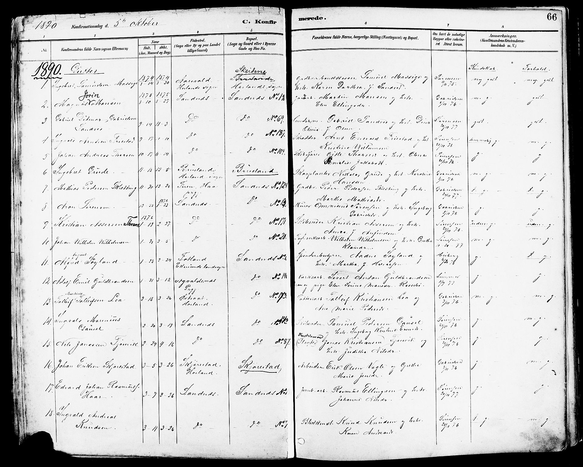 Høyland sokneprestkontor, SAST/A-101799/001/30BA/L0014: Parish register (official) no. A 12, 1890-1898, p. 66