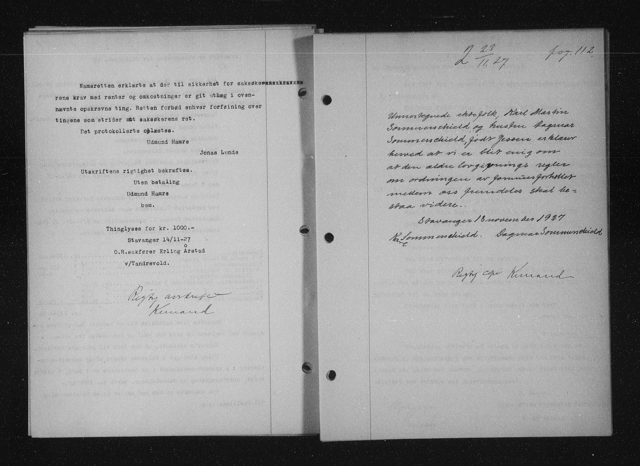 Stavanger byfogd, SAST/A-101408/001/4/41/410/410BB/L0053: Mortgage book no. 41, 1927-1928, Deed date: 23.11.1927