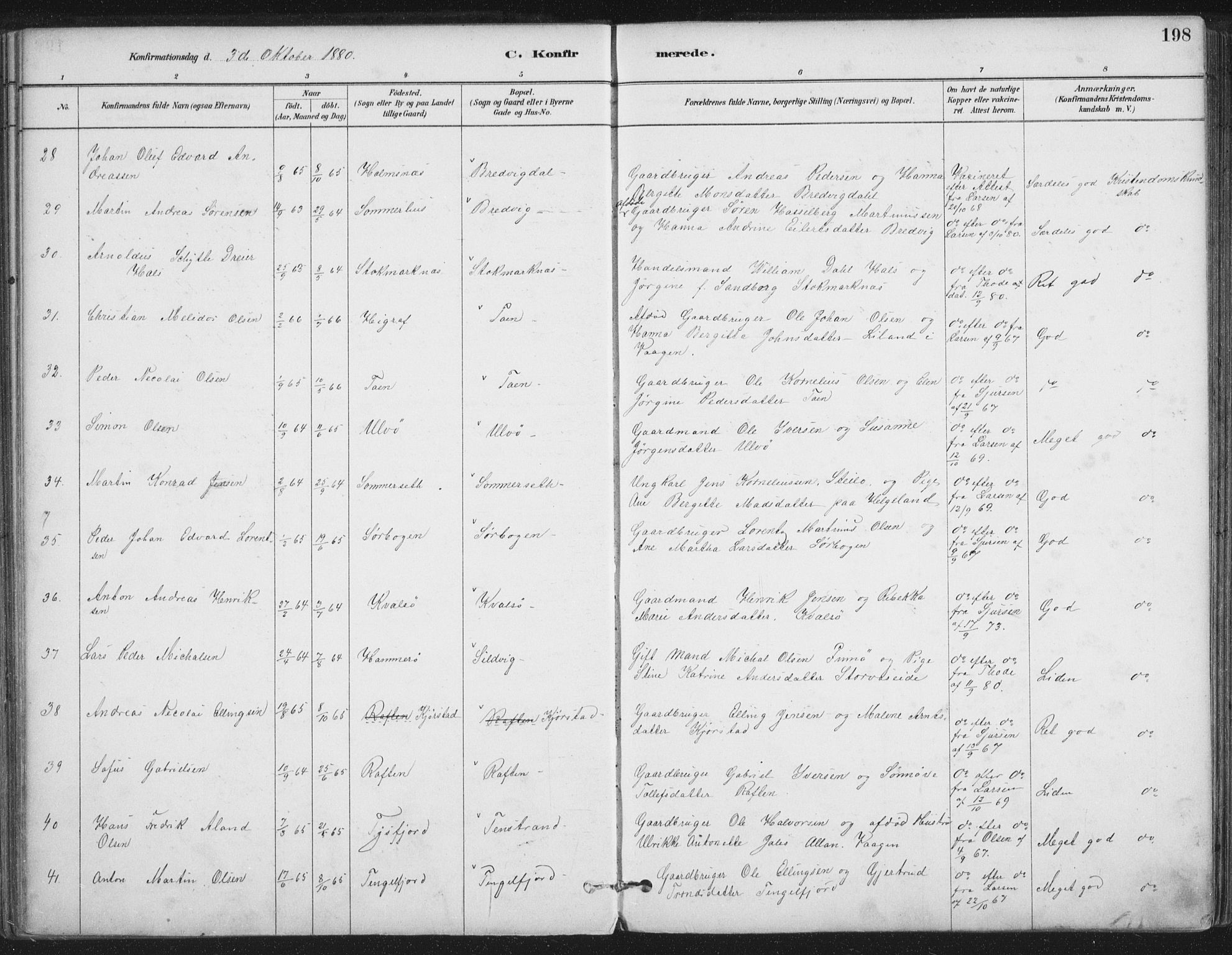 Ministerialprotokoller, klokkerbøker og fødselsregistre - Nordland, AV/SAT-A-1459/888/L1244: Parish register (official) no. 888A10, 1880-1890, p. 198