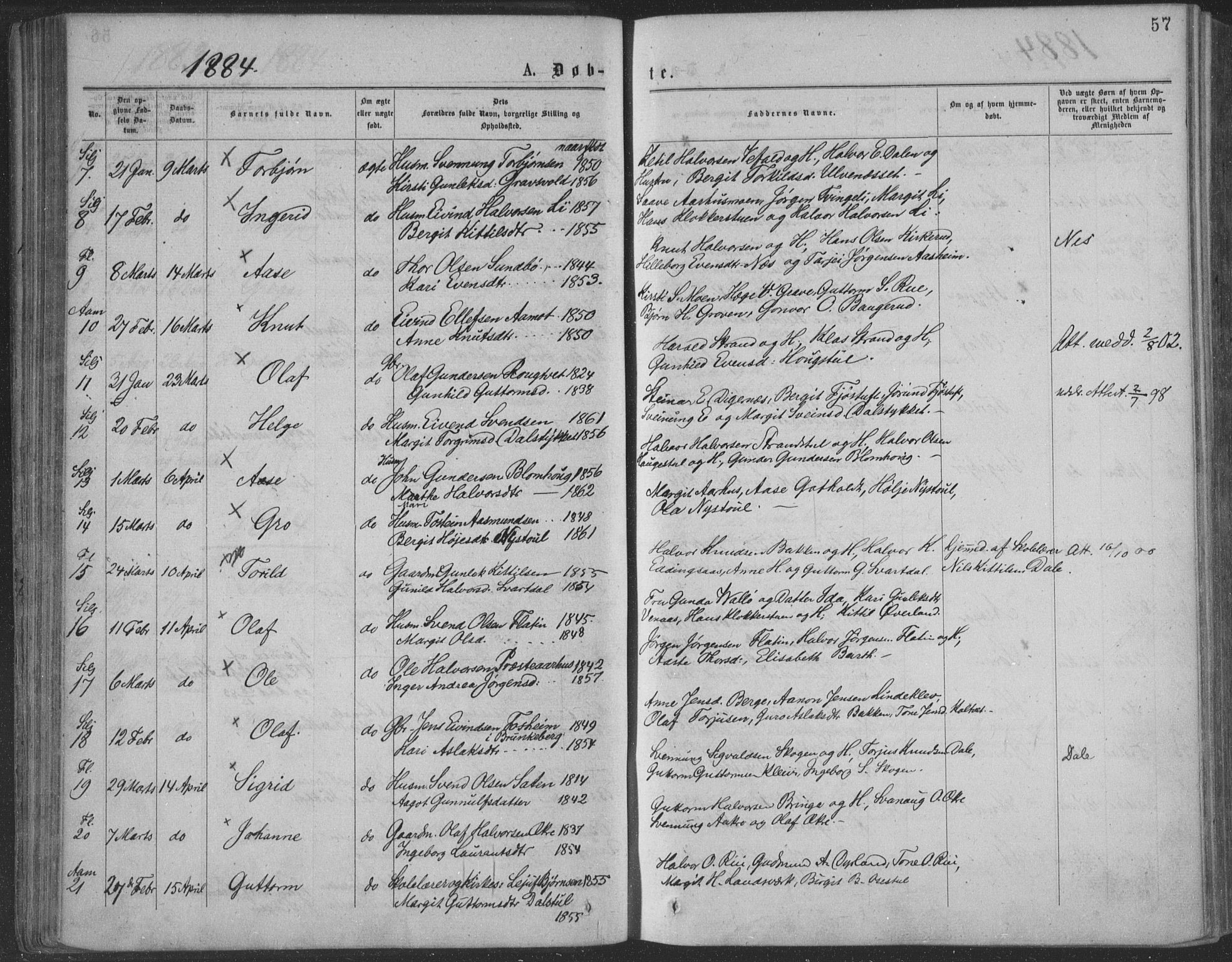 Seljord kirkebøker, SAKO/A-20/F/Fa/L0014: Parish register (official) no. I 14, 1877-1886, p. 57