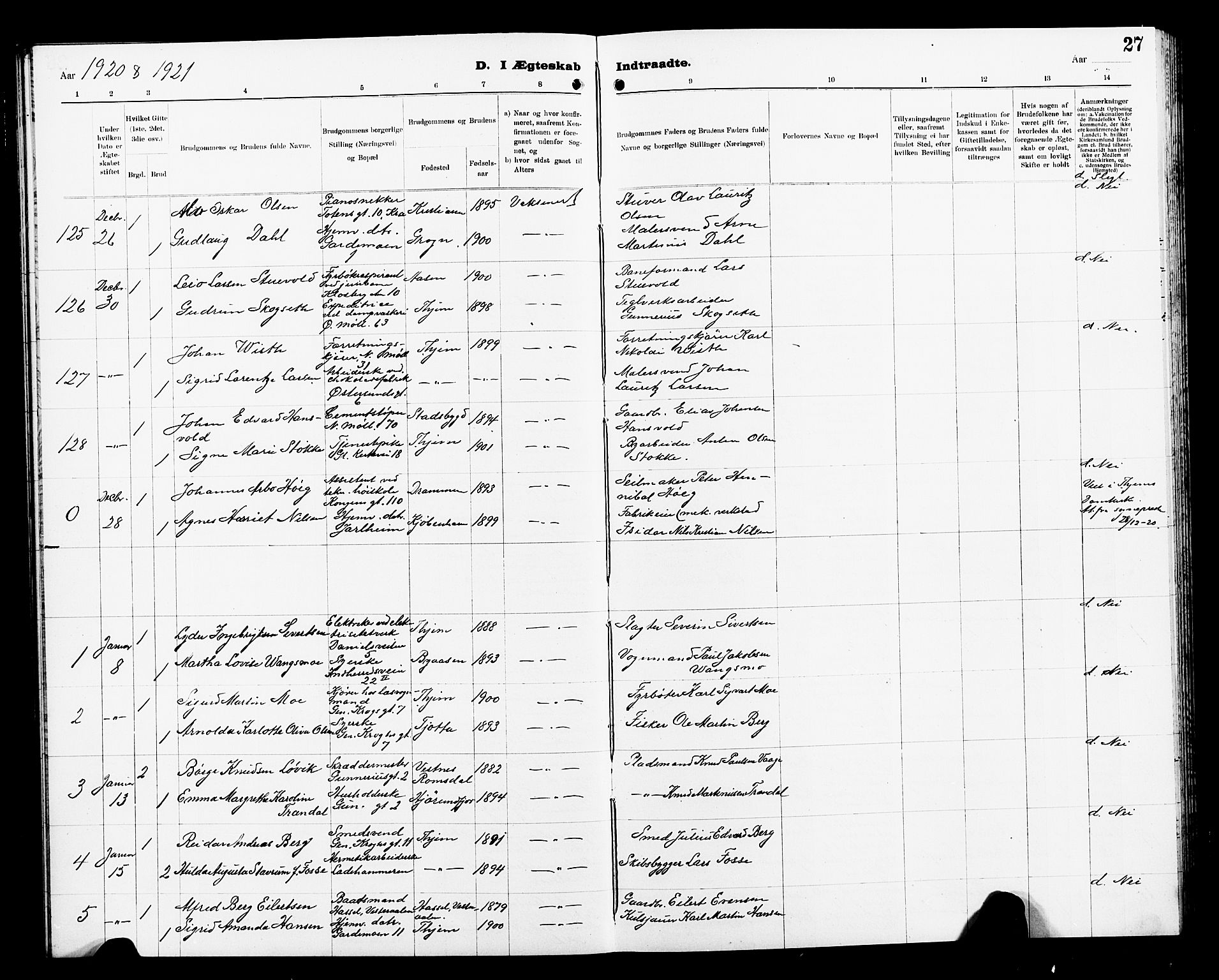 Ministerialprotokoller, klokkerbøker og fødselsregistre - Sør-Trøndelag, SAT/A-1456/605/L0257: Parish register (copy) no. 605C04, 1916-1922, p. 27