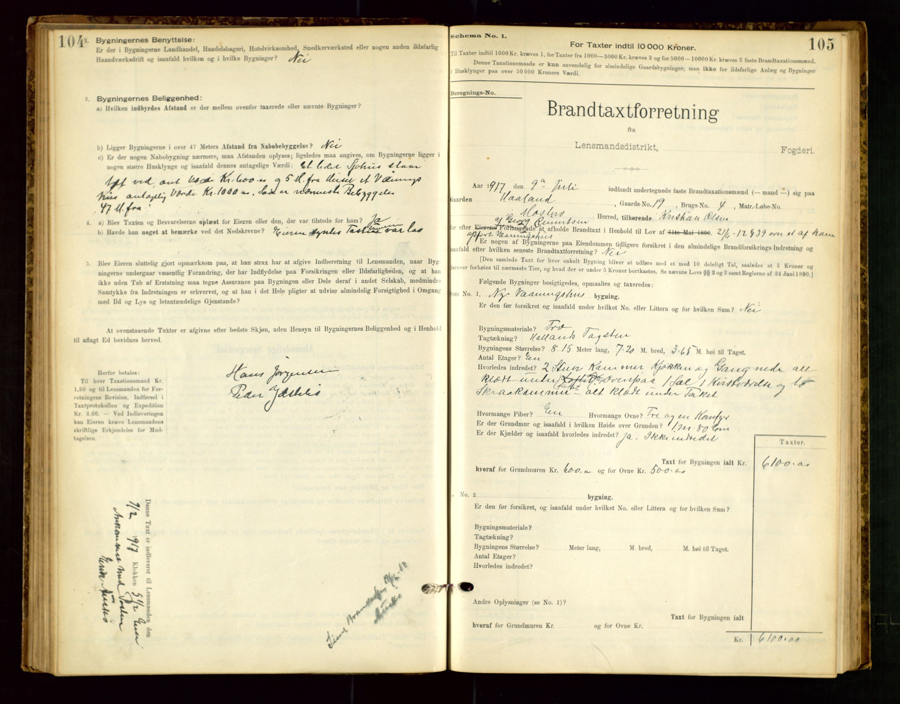 Rennesøy lensmannskontor, AV/SAST-A-100165/Gob/L0001: Branntakstprotokoll - skjematakst, 1900-1956, p. 104-105