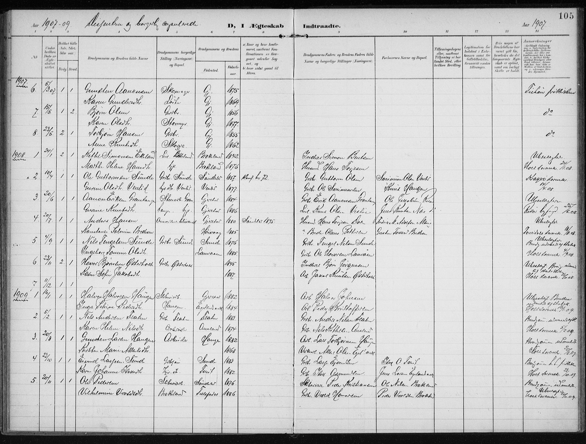 Gjerstad sokneprestkontor, AV/SAK-1111-0014/F/Fa/Faa/L0011: Parish register (official) no. A 11, 1903-1914, p. 105