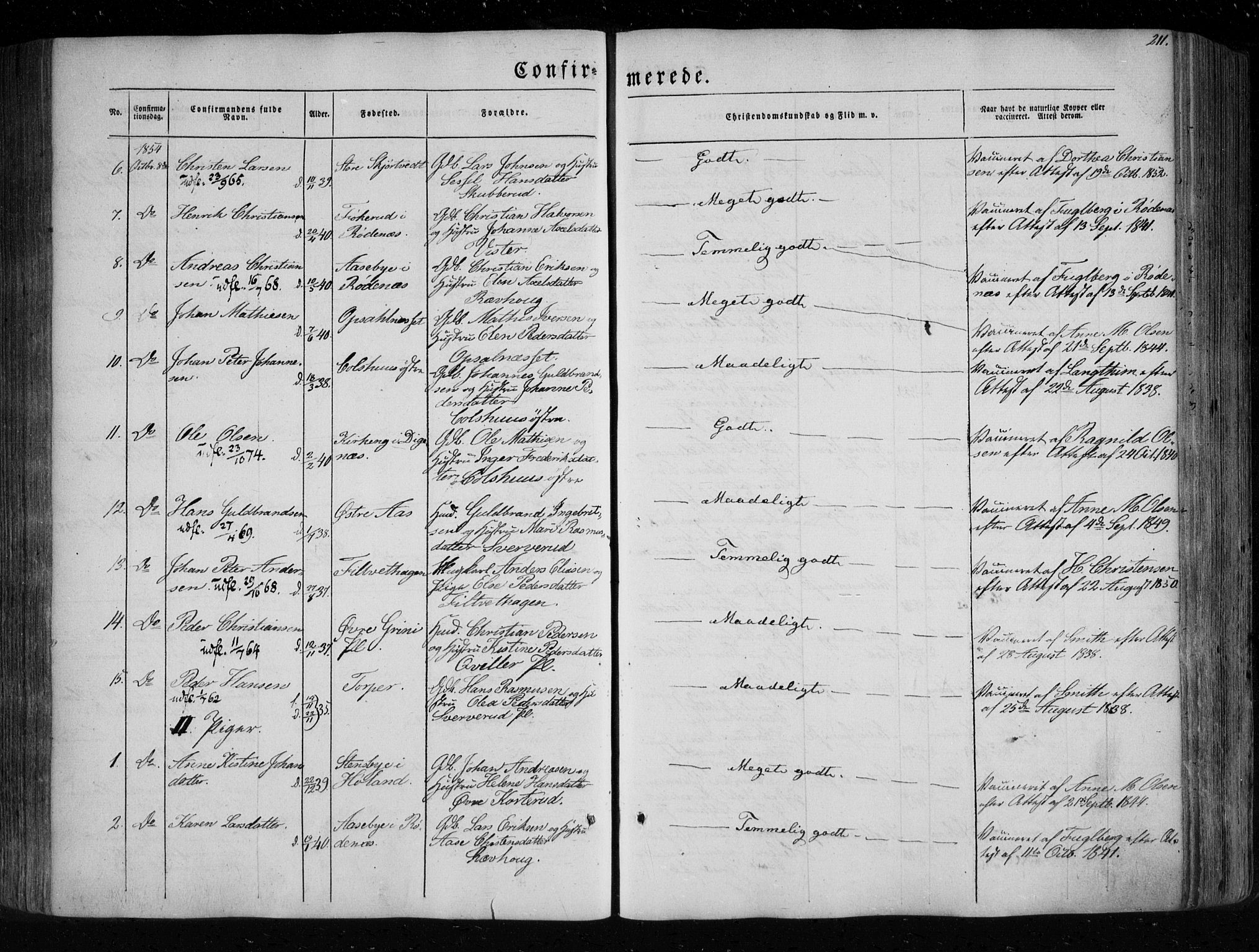 Eidsberg prestekontor Kirkebøker, SAO/A-10905/F/Fa/L0009: Parish register (official) no. I 9, 1849-1856, p. 211