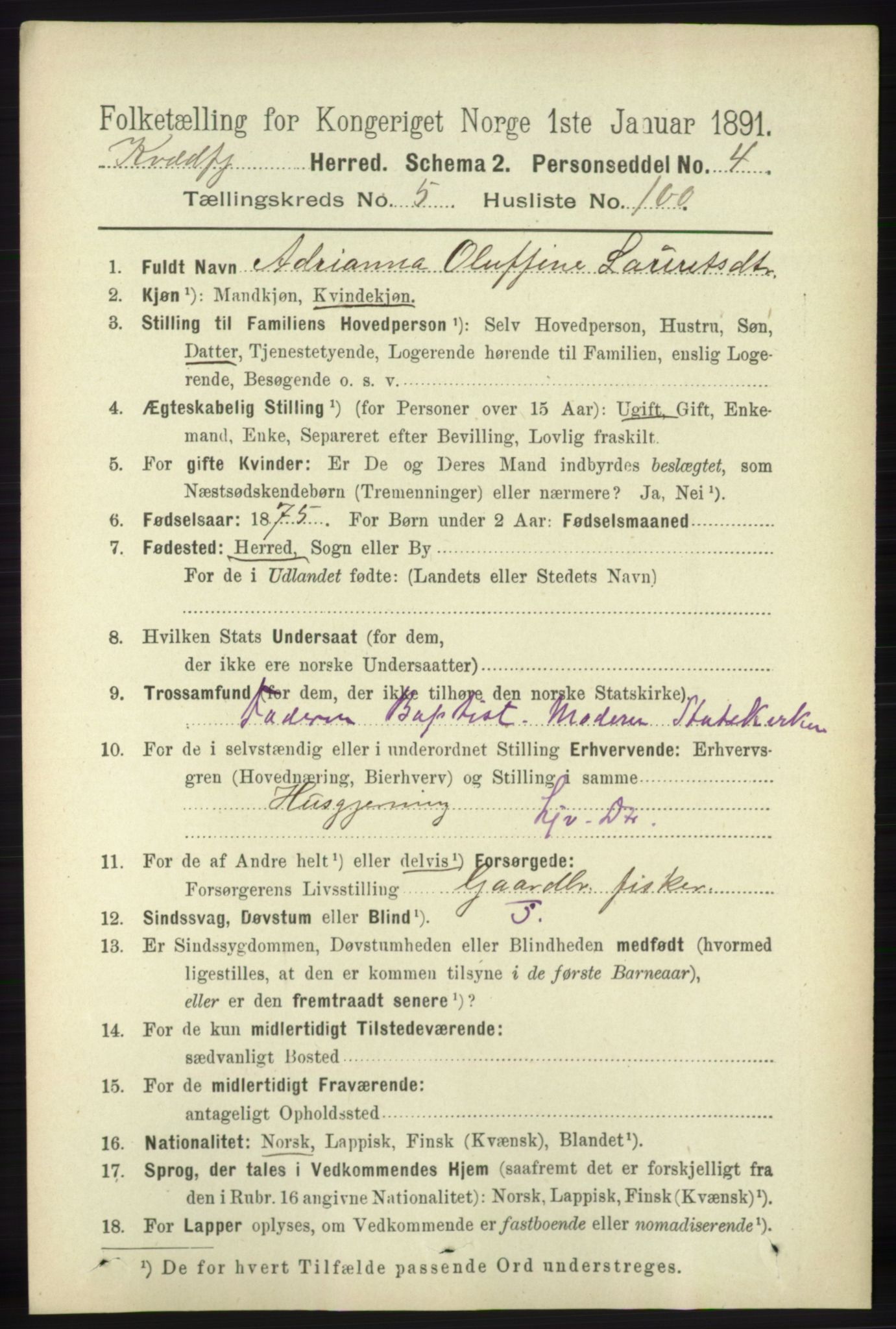 RA, 1891 census for 1911 Kvæfjord, 1891, p. 3470