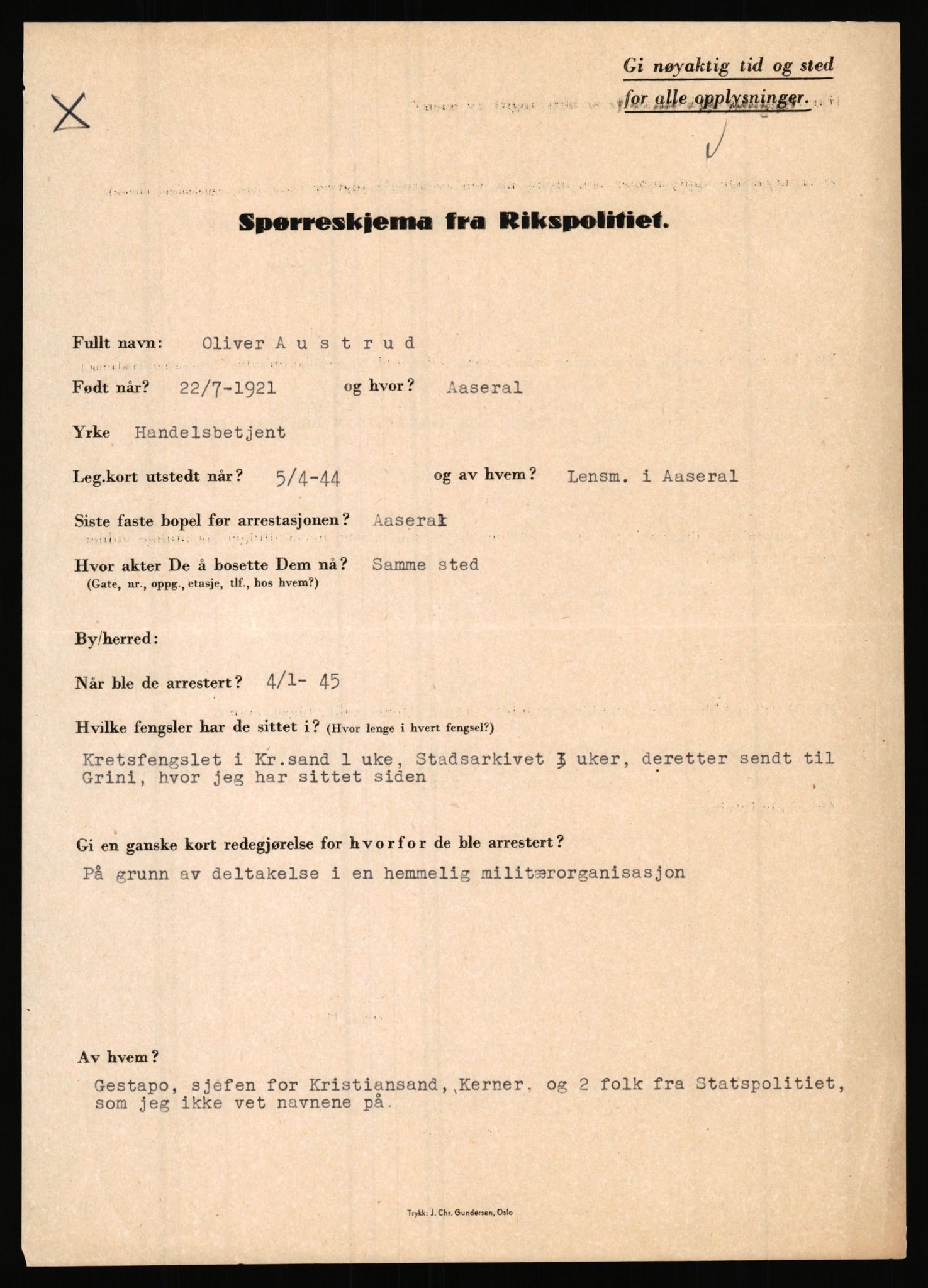 Rikspolitisjefen, AV/RA-S-1560/L/L0001: Abelseth, Rudolf - Berentsen, Odd, 1940-1945, p. 1051