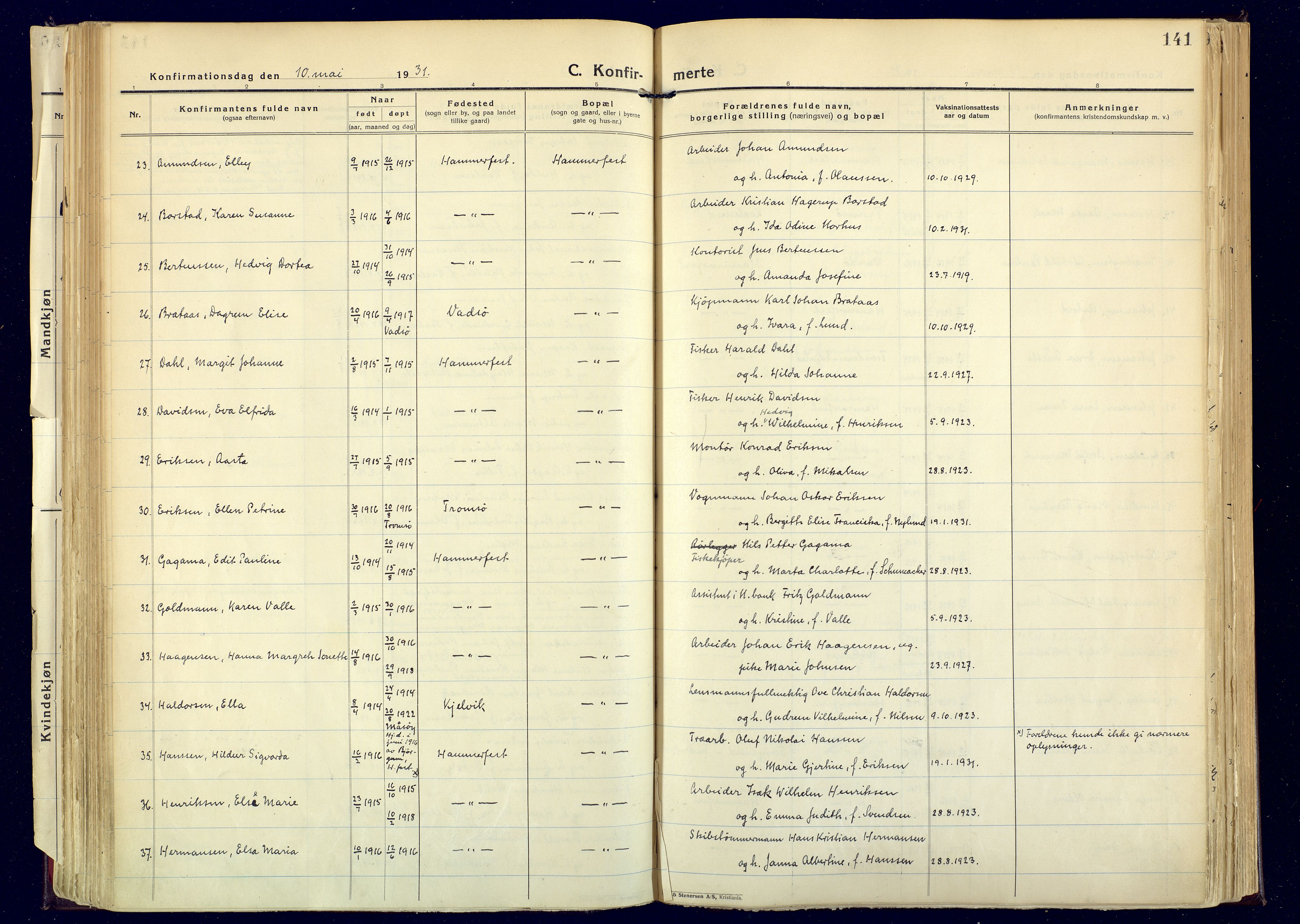 Hammerfest sokneprestkontor, AV/SATØ-S-1347/H/Ha/L0017.kirke: Parish register (official) no. 17, 1923-1933, p. 141