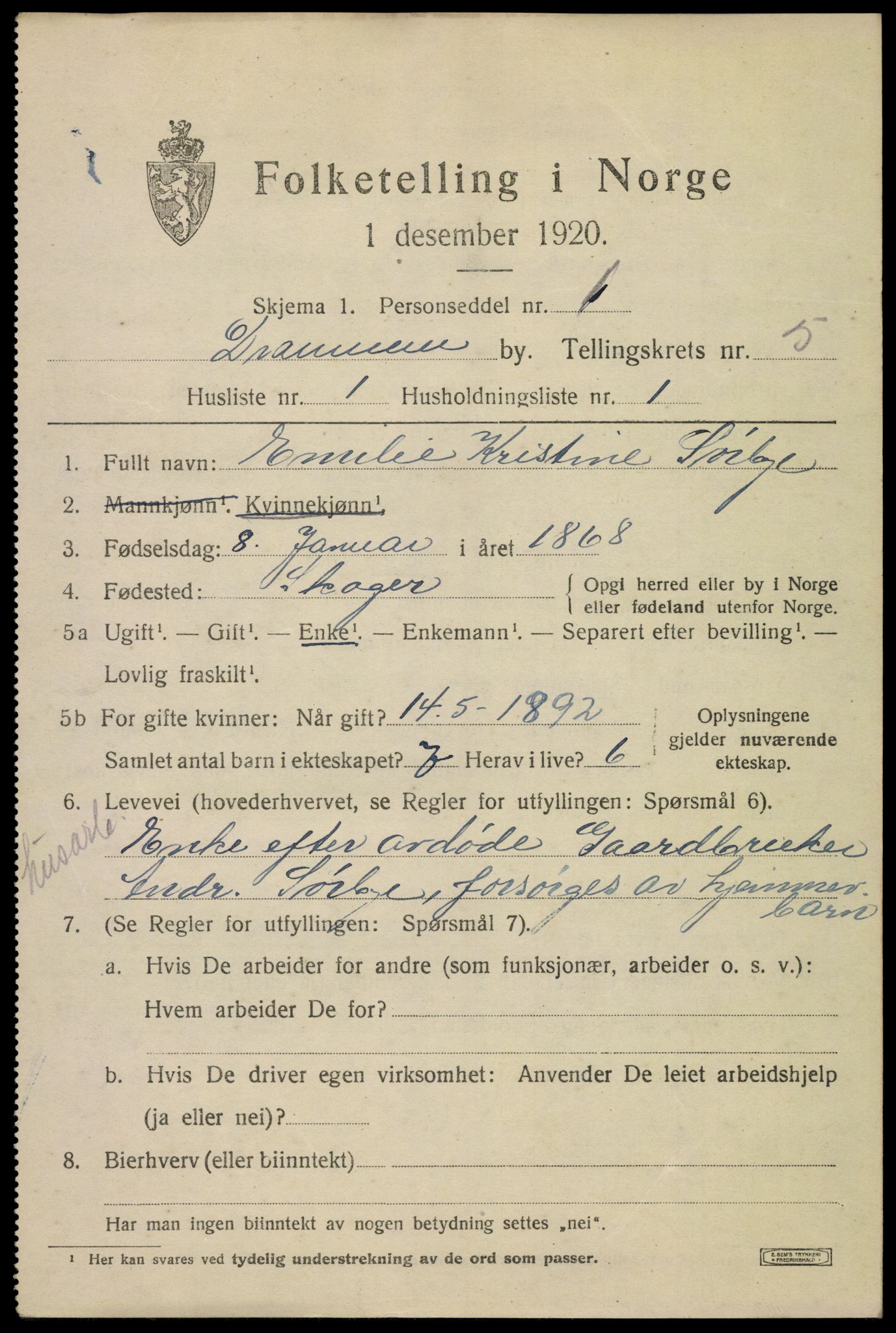 SAKO, 1920 census for Drammen, 1920, p. 37341