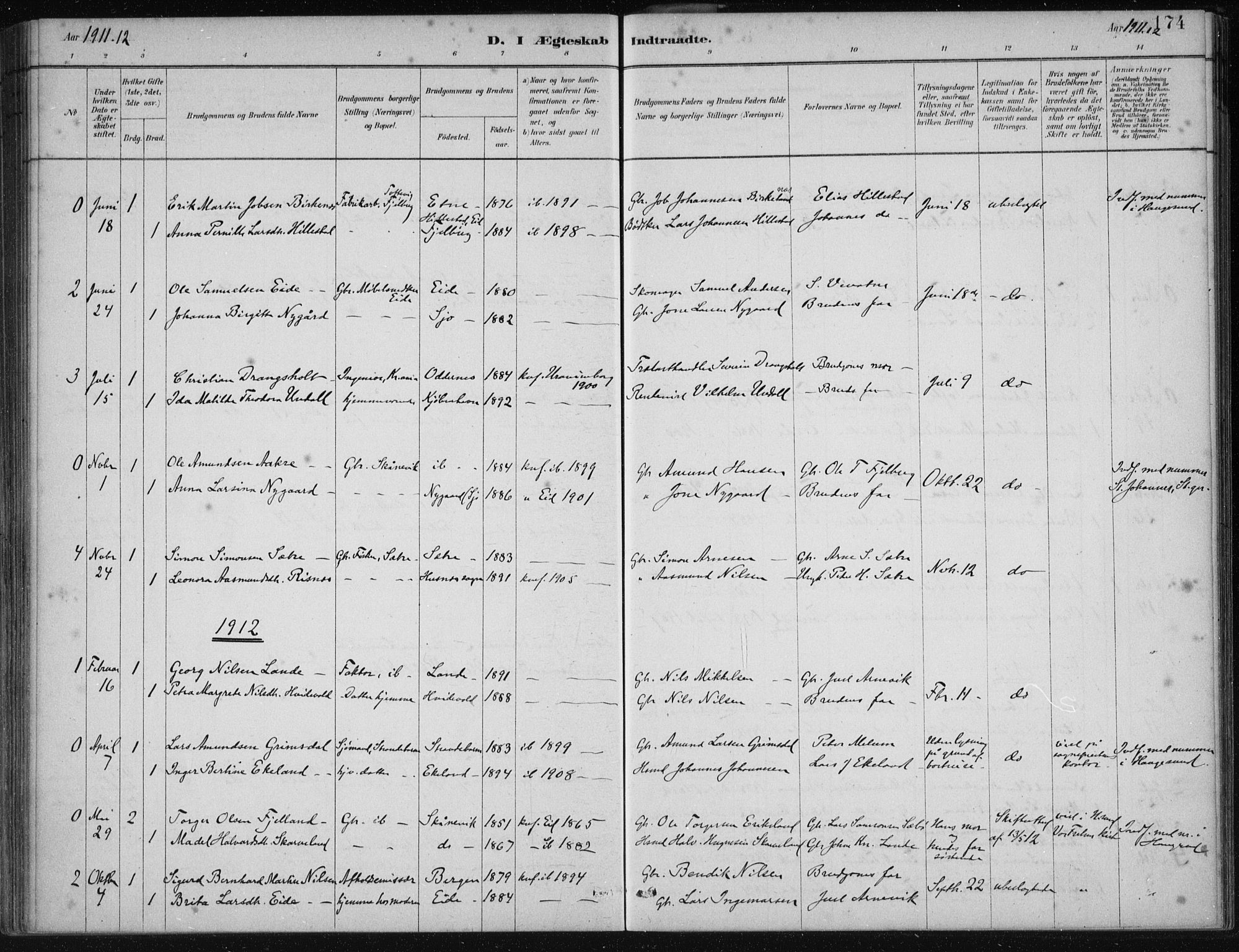 Fjelberg sokneprestembete, SAB/A-75201/H/Haa: Parish register (official) no. C  1, 1879-1918, p. 174