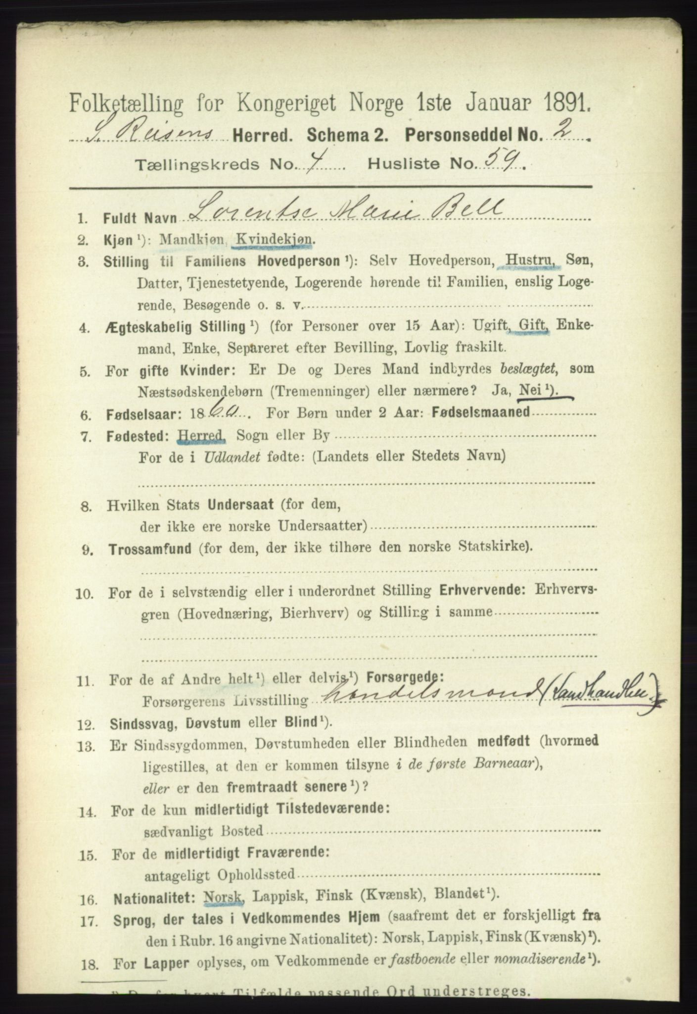 RA, 1891 census for 1925 Sørreisa, 1891, p. 1502