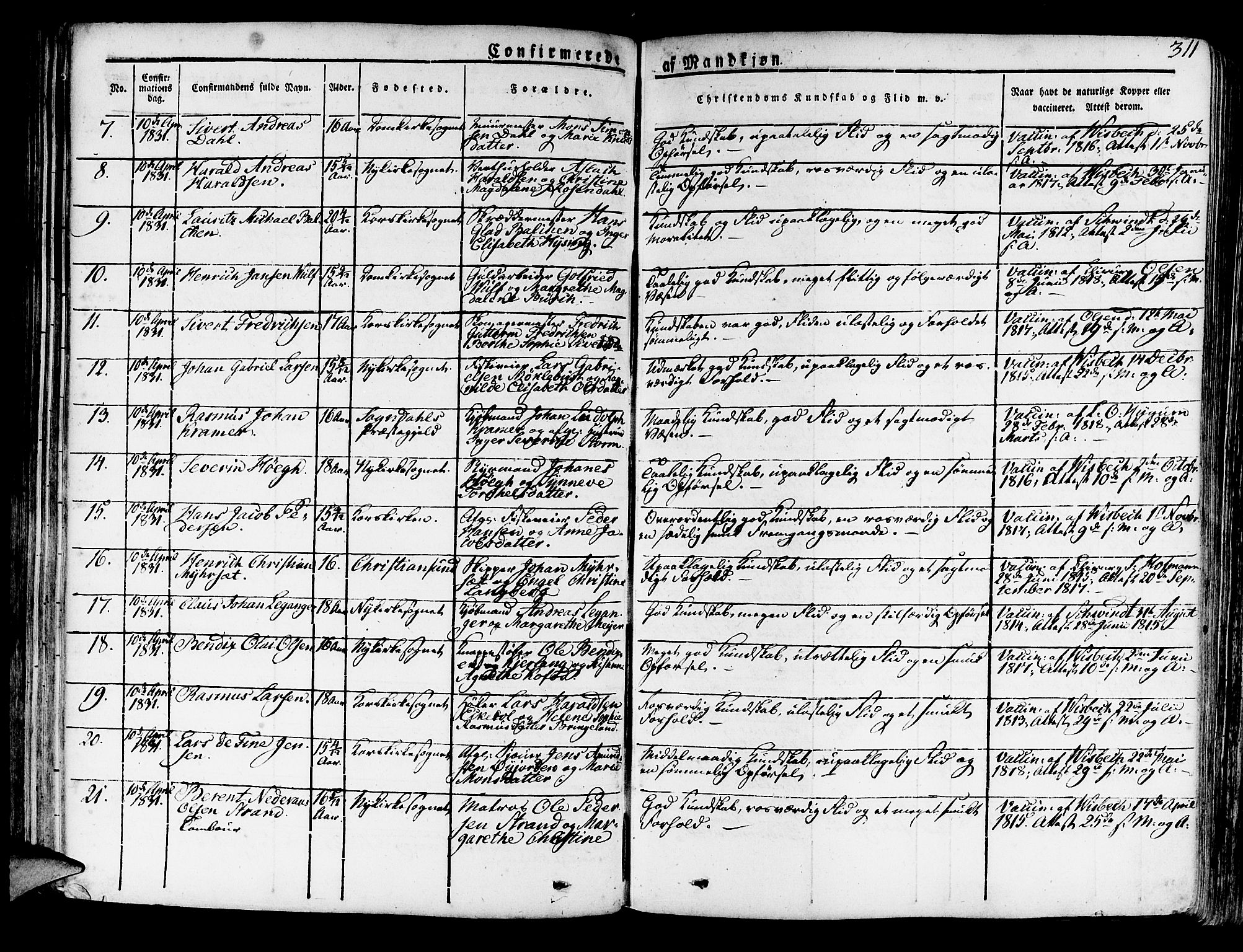 Korskirken sokneprestembete, AV/SAB-A-76101/H/Haa/L0014: Parish register (official) no. A 14, 1823-1835, p. 311