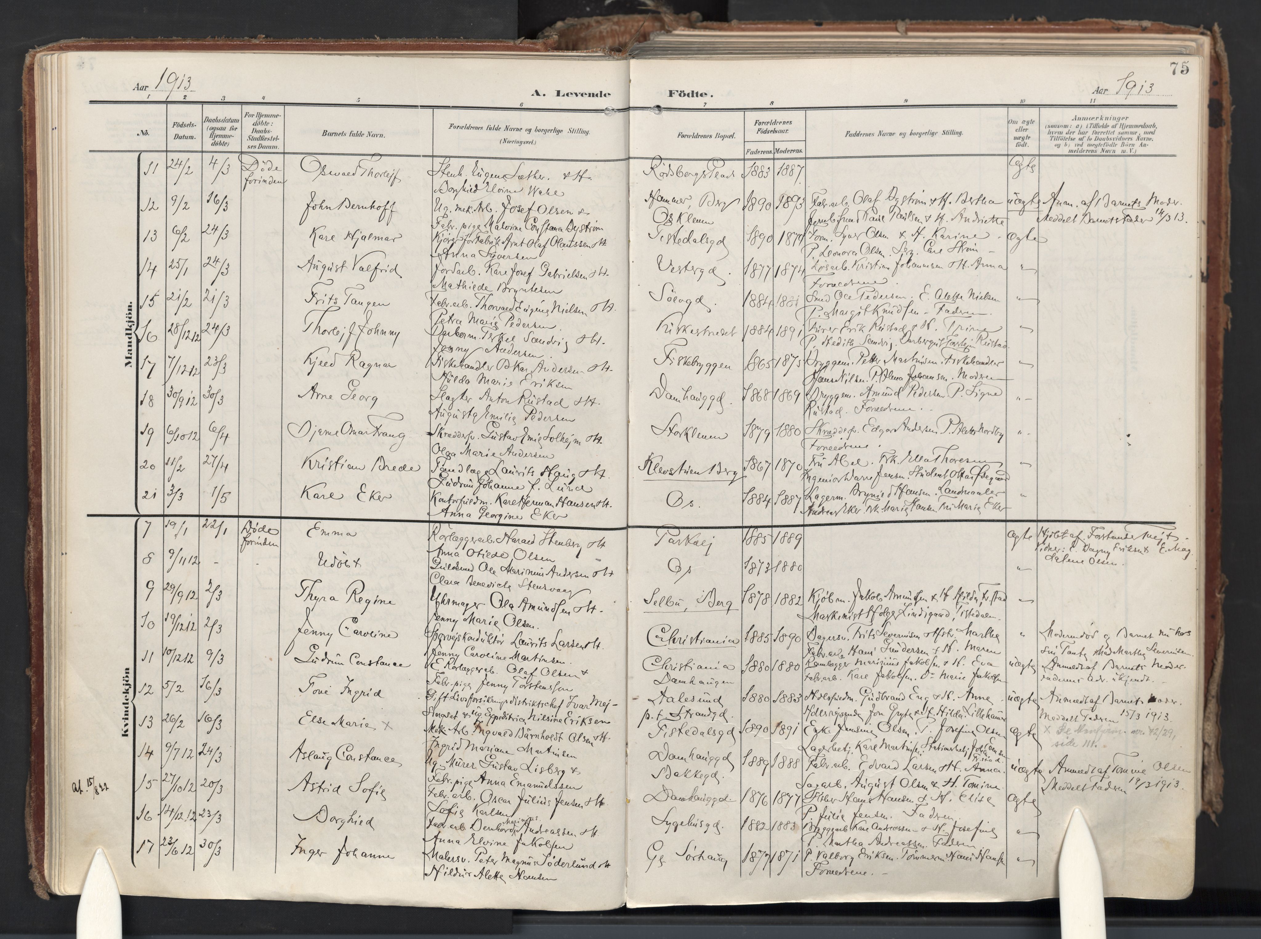 Halden prestekontor Kirkebøker, AV/SAO-A-10909/F/Fa/L0015: Parish register (official) no. I 15, 1907-1925, p. 75