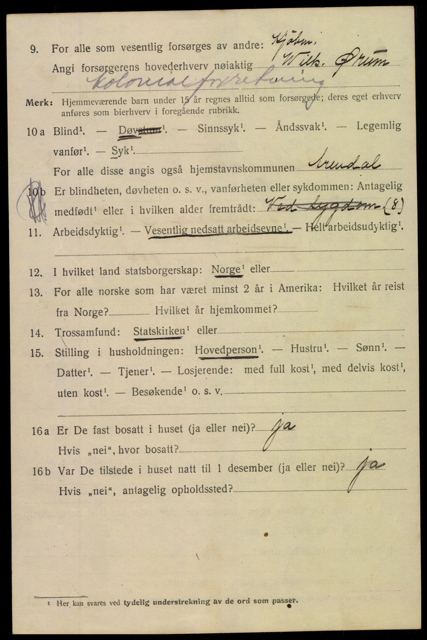 SAK, 1920 census for Arendal, 1920, p. 16097