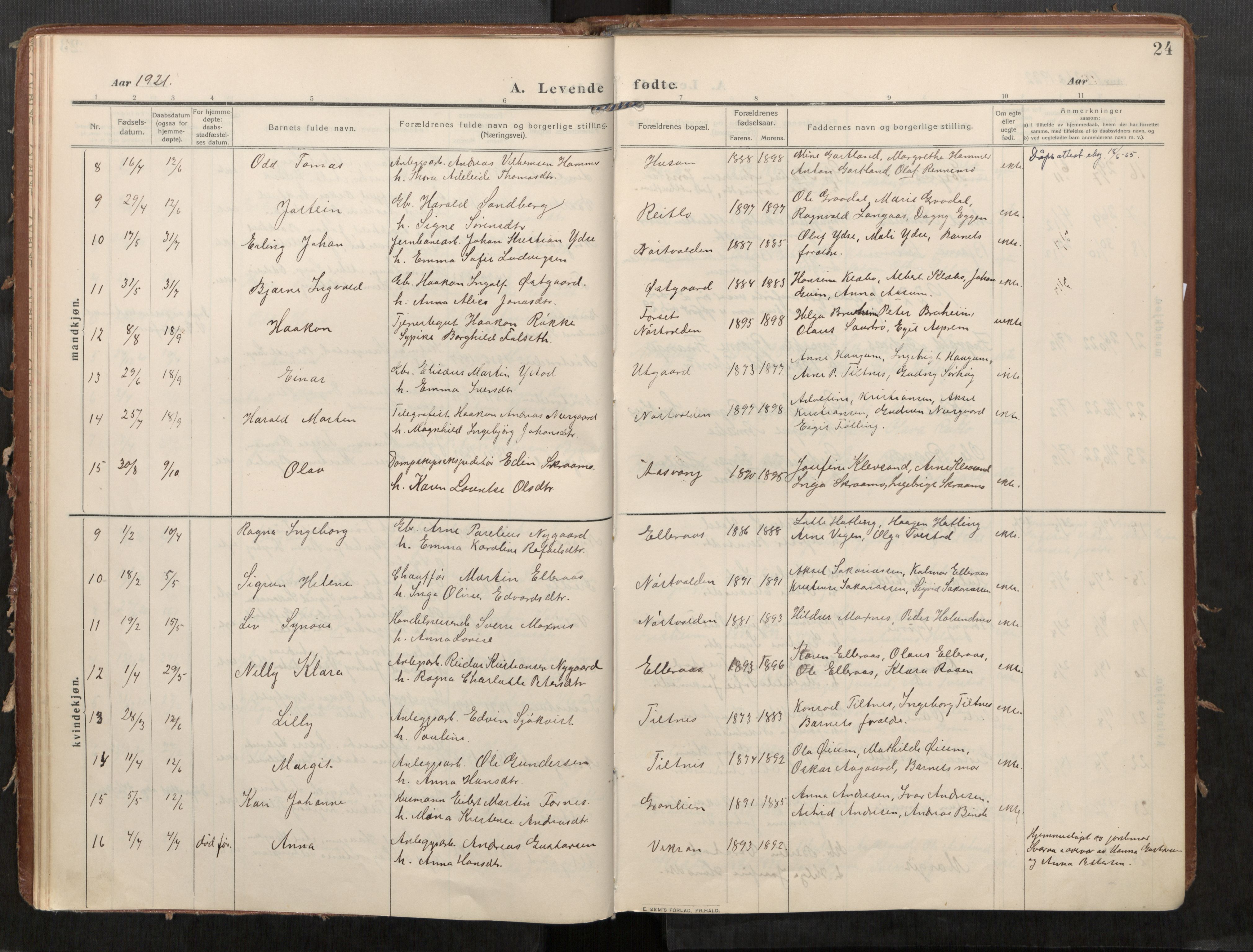 Stod sokneprestkontor, AV/SAT-A-1164/1/I/I1/I1a/L0002: Parish register (official) no. 2, 1909-1922, p. 24