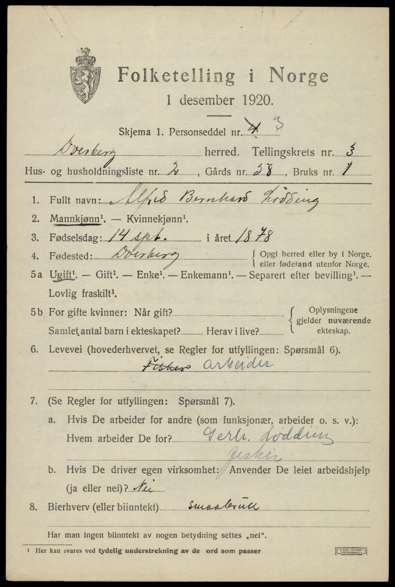 SAT, 1920 census for Dverberg, 1920, p. 3662