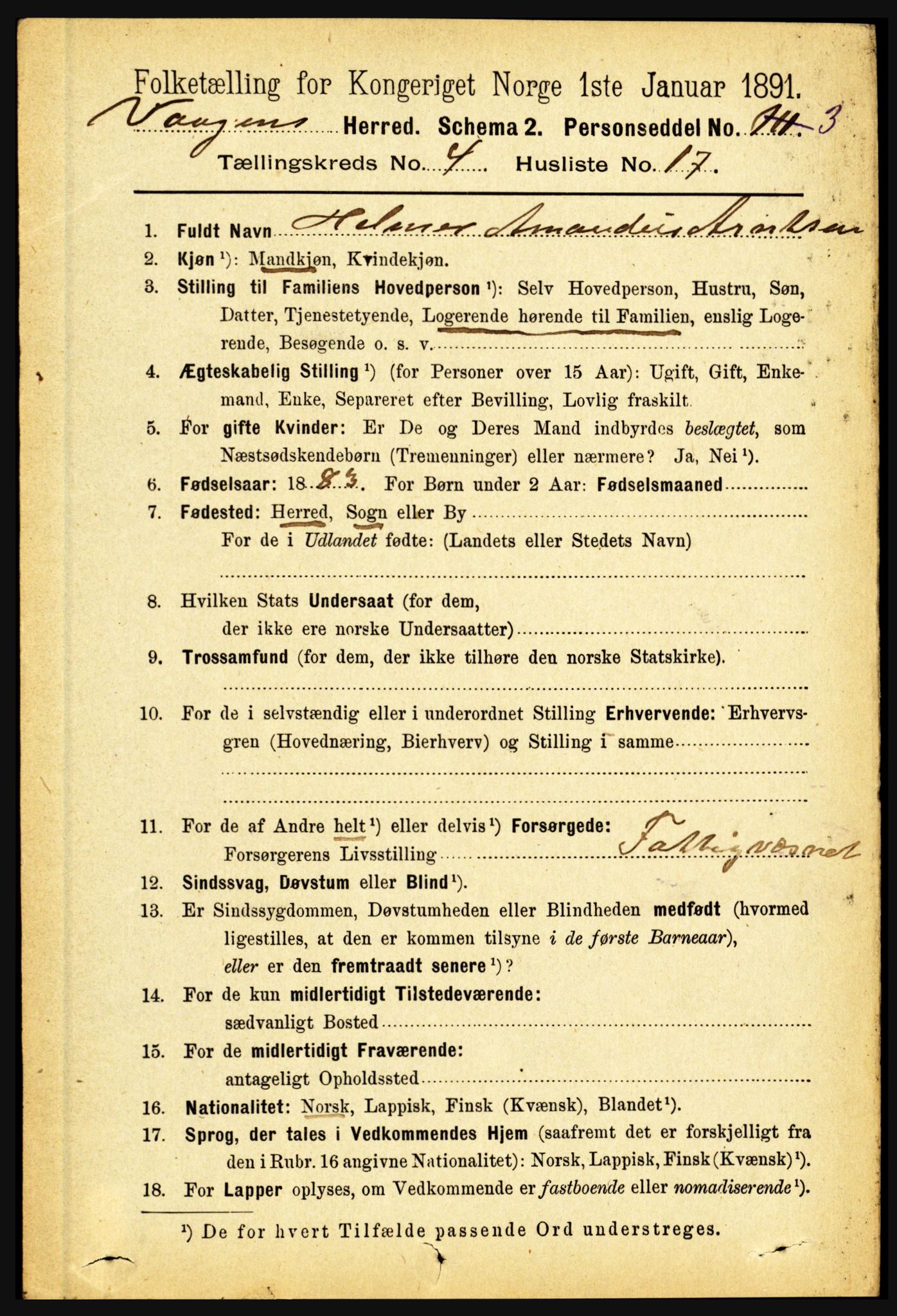 RA, 1891 census for 1865 Vågan, 1891, p. 1047