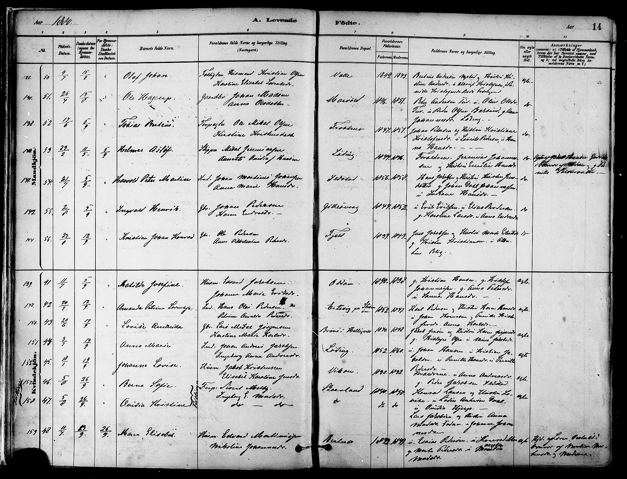 Ministerialprotokoller, klokkerbøker og fødselsregistre - Nordland, SAT/A-1459/802/L0054: Parish register (official) no. 802A01, 1879-1893, p. 14