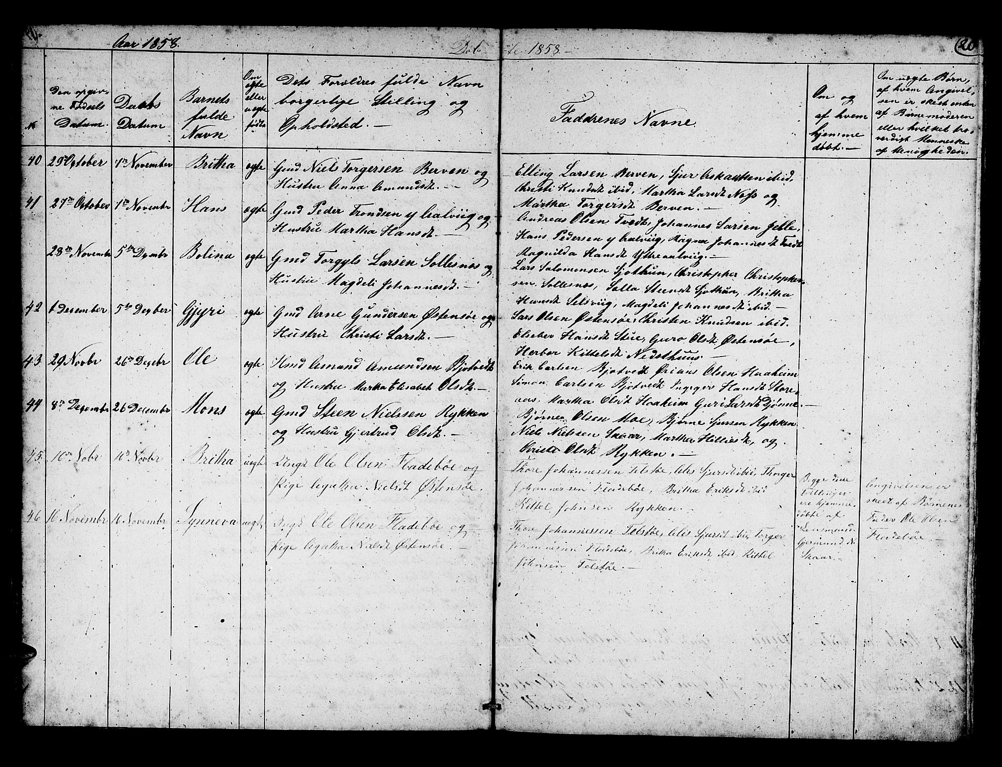 Kvam sokneprestembete, AV/SAB-A-76201/H/Hab: Parish register (copy) no. C 1, 1852-1862, p. 20