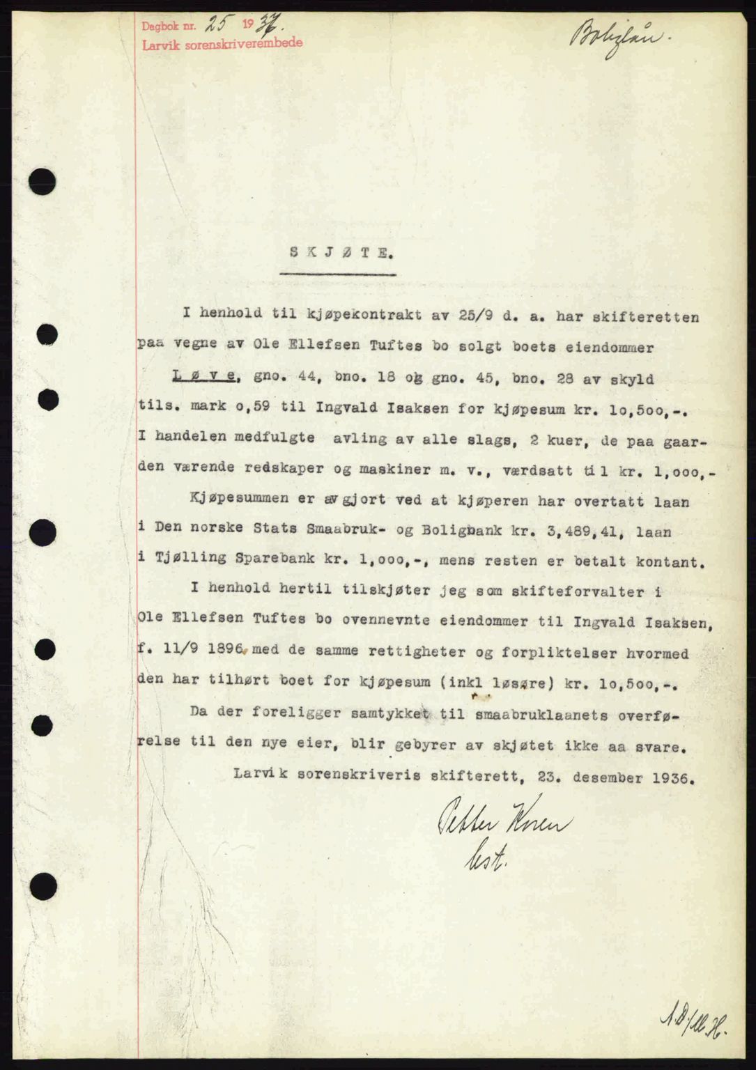 Larvik sorenskriveri, SAKO/A-83/G/Ga/Gab/L0067: Mortgage book no. A-1, 1936-1937, Diary no: : 25/1937