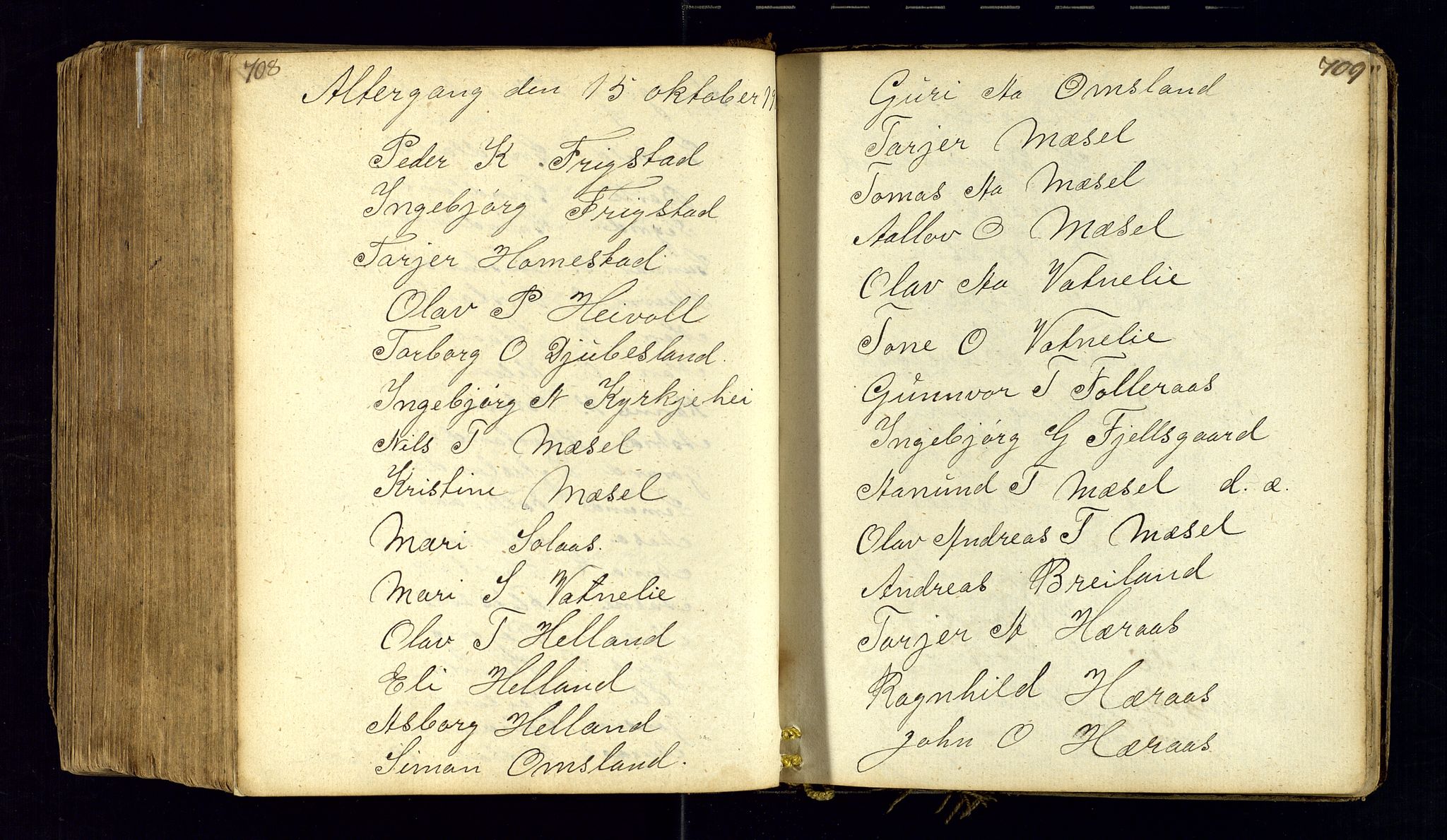 Bjelland sokneprestkontor, SAK/1111-0005/F/Fc/Fcb/L0001: Communicants register no. C-1, 1827-1906, p. 708-709