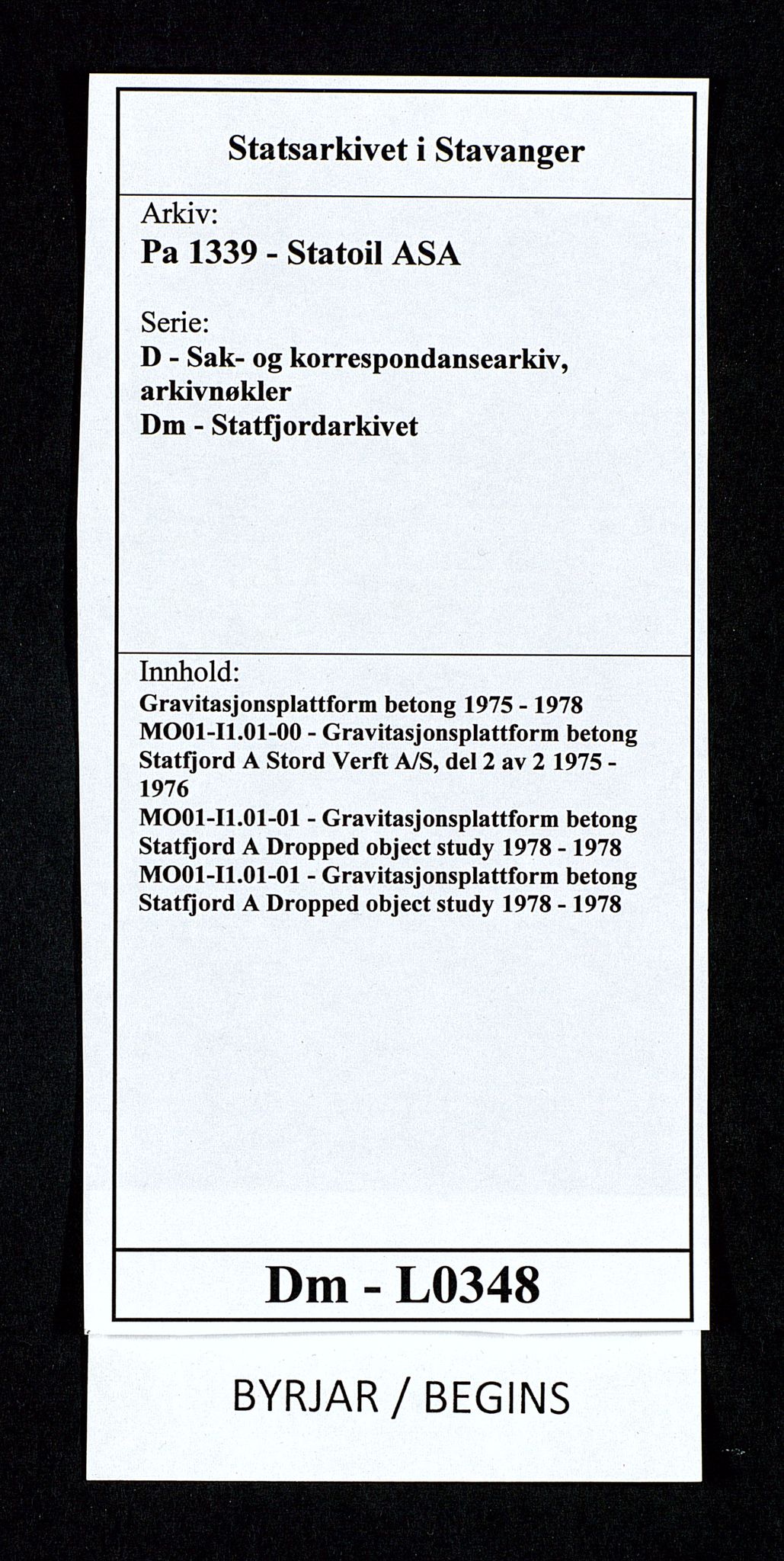 Pa 1339 - Statoil ASA, SAST/A-101656/0001/D/Dm/L0348: Gravitasjonsplattform betong, 1975-1978, p. 1