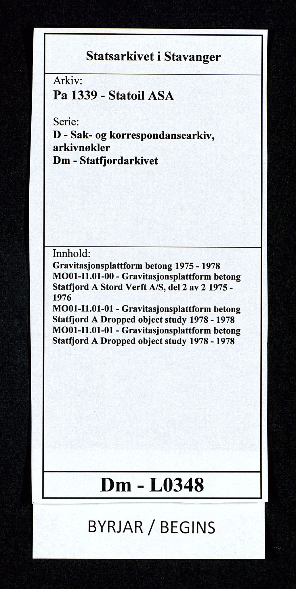 Pa 1339 - Statoil ASA, AV/SAST-A-101656/0001/D/Dm/L0348: Gravitasjonsplattform betong, 1975-1978, p. 1