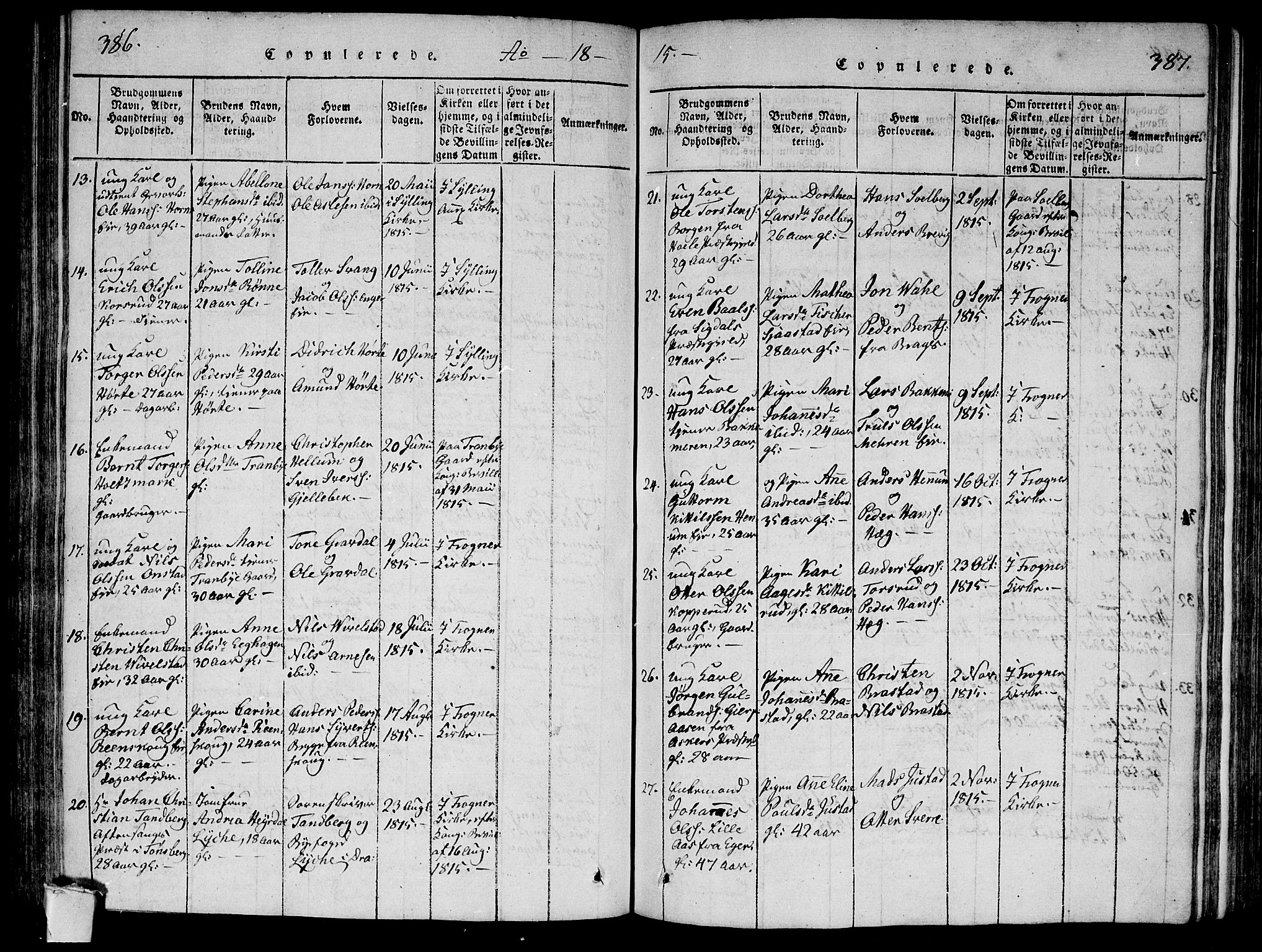 Lier kirkebøker, AV/SAKO-A-230/F/Fa/L0008: Parish register (official) no. I 8, 1813-1825, p. 386-387