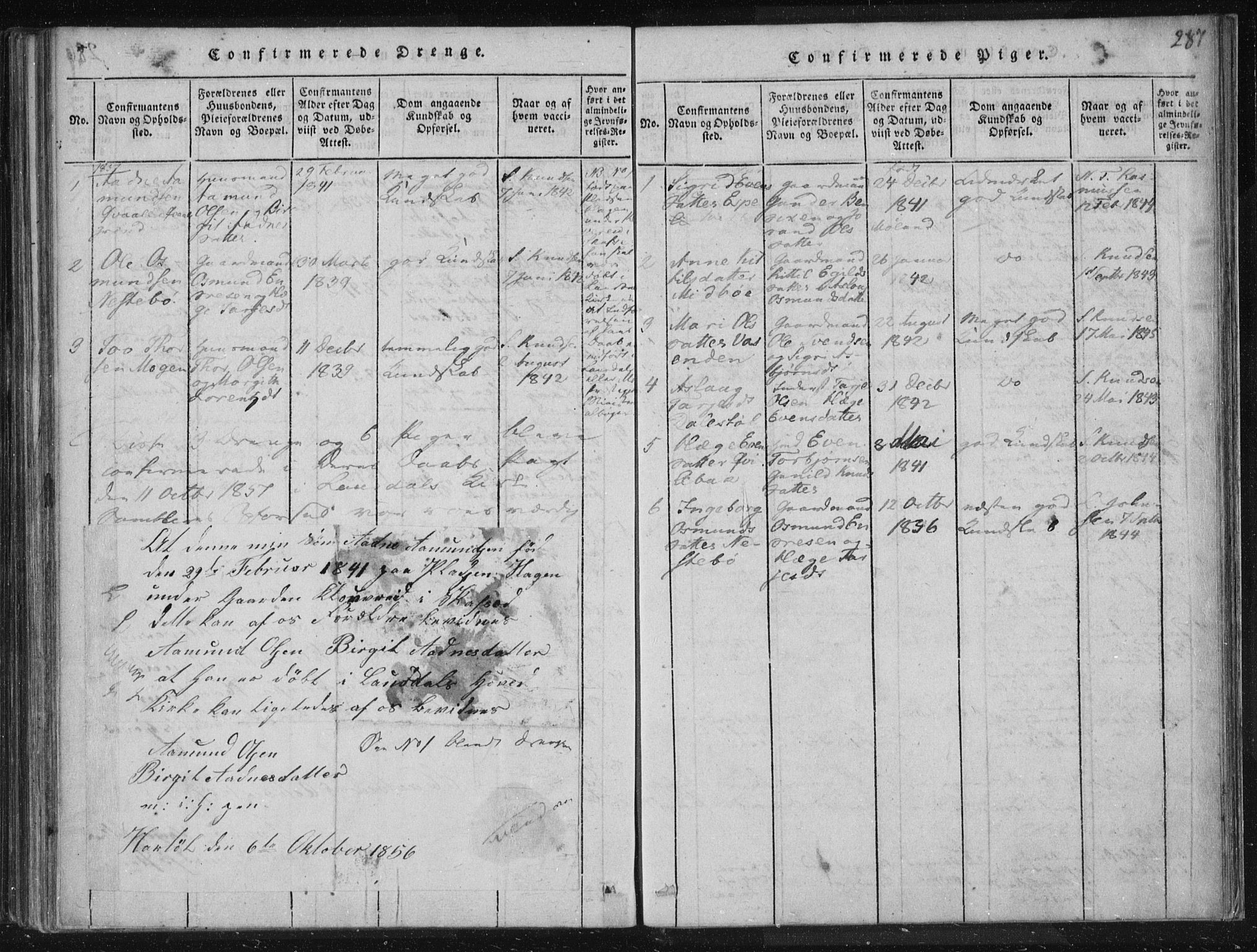Lårdal kirkebøker, SAKO/A-284/F/Fc/L0001: Parish register (official) no. III 1, 1815-1860, p. 287