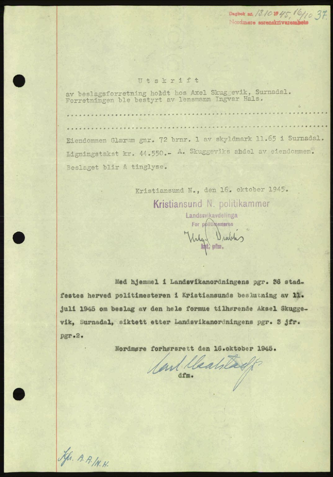 Nordmøre sorenskriveri, AV/SAT-A-4132/1/2/2Ca: Mortgage book no. B93a, 1945-1945, Diary no: : 1310/1945