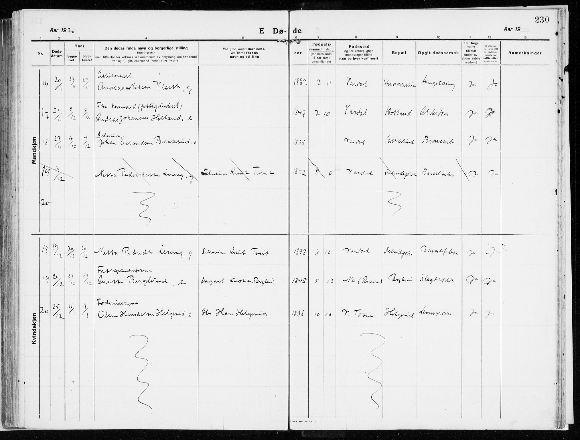 Vardal prestekontor, SAH/PREST-100/H/Ha/Haa/L0017: Parish register (official) no. 17, 1915-1929, p. 230