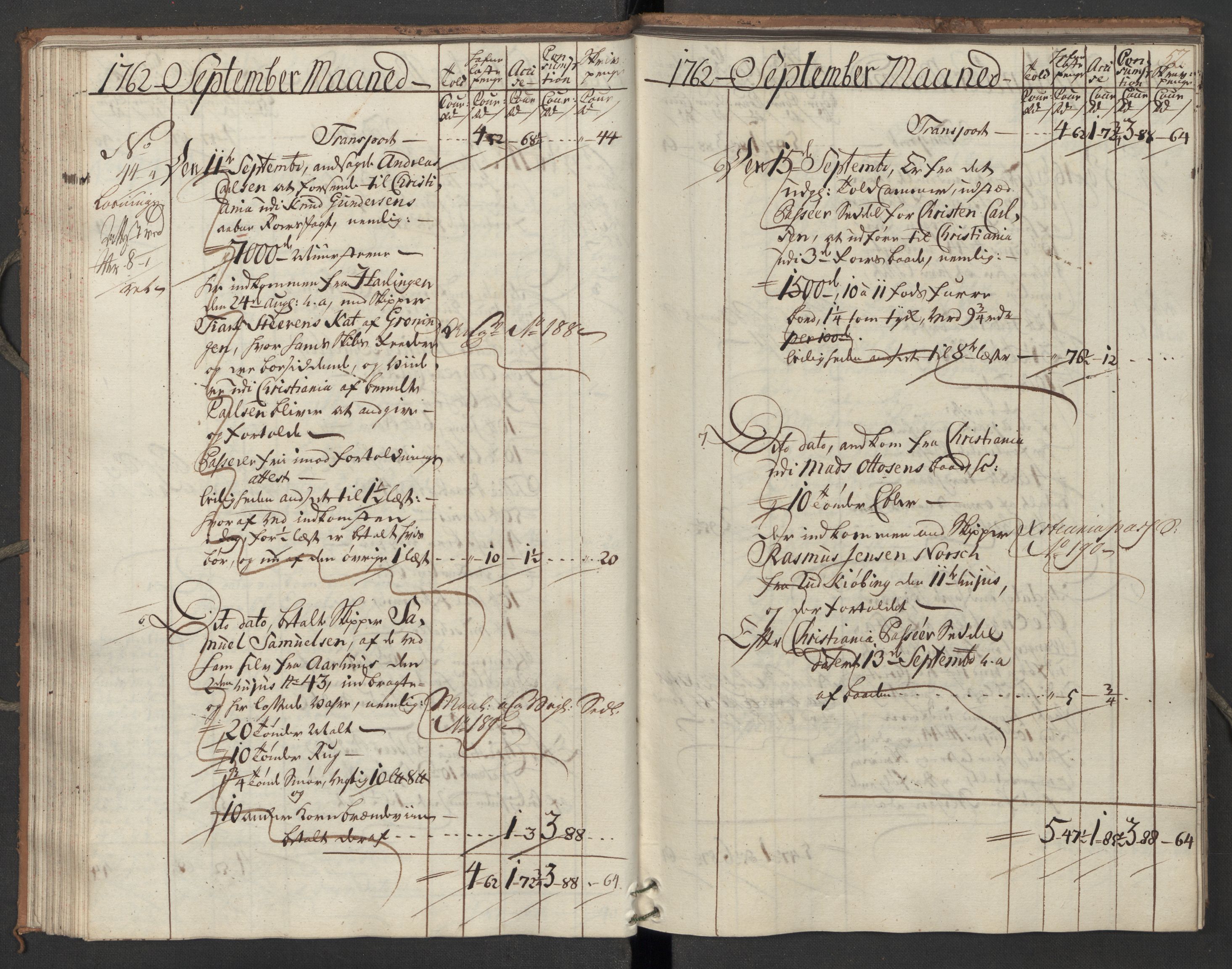 Generaltollkammeret, tollregnskaper, AV/RA-EA-5490/R07/L0022/0001: Tollregnskaper Sand / Inngående hovedtollbok, 1762, p. 51b-52a