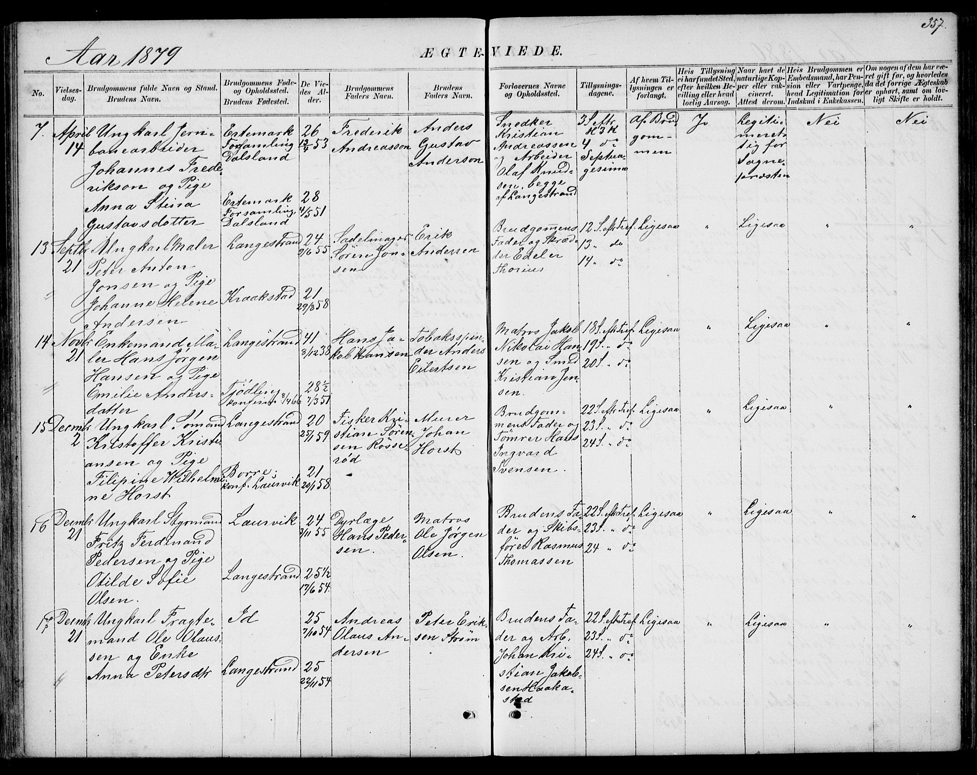 Larvik kirkebøker, AV/SAKO-A-352/G/Gb/L0003: Parish register (copy) no. II 3, 1867-1899, p. 357