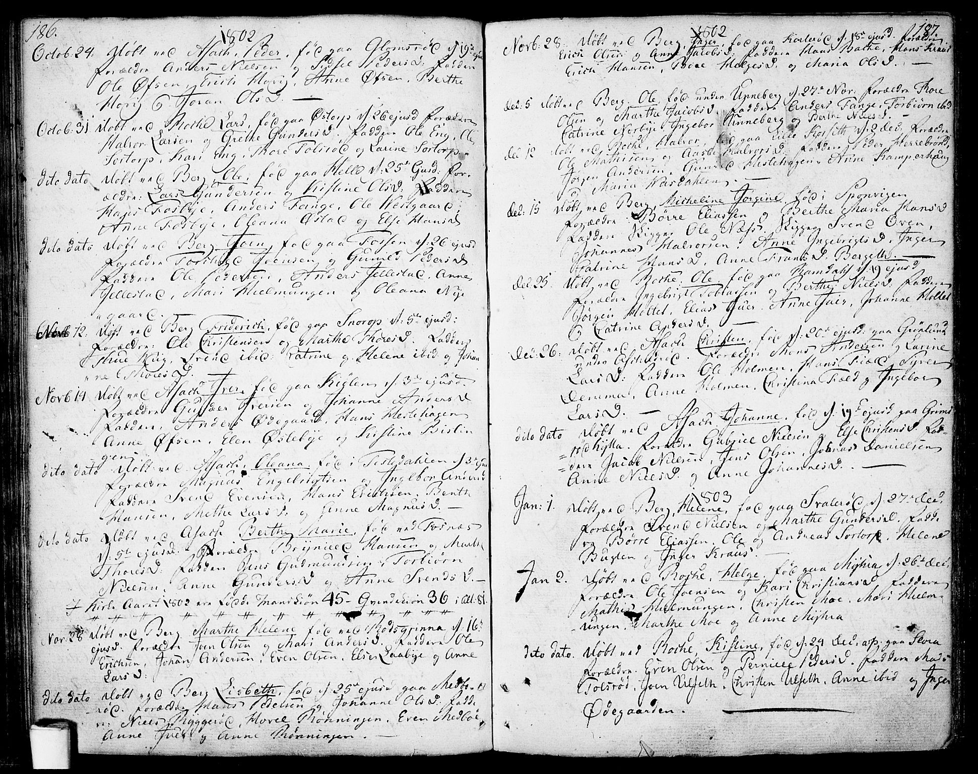 Berg prestekontor Kirkebøker, AV/SAO-A-10902/F/Fa/L0001: Parish register (official) no. I 1, 1770-1814, p. 186-187