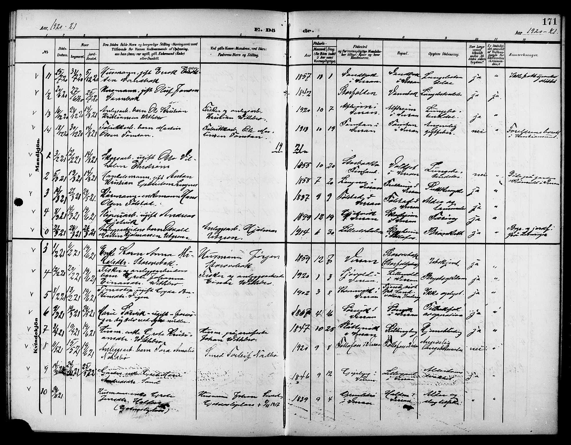 Ministerialprotokoller, klokkerbøker og fødselsregistre - Nord-Trøndelag, AV/SAT-A-1458/744/L0424: Parish register (copy) no. 744C03, 1906-1923, p. 171