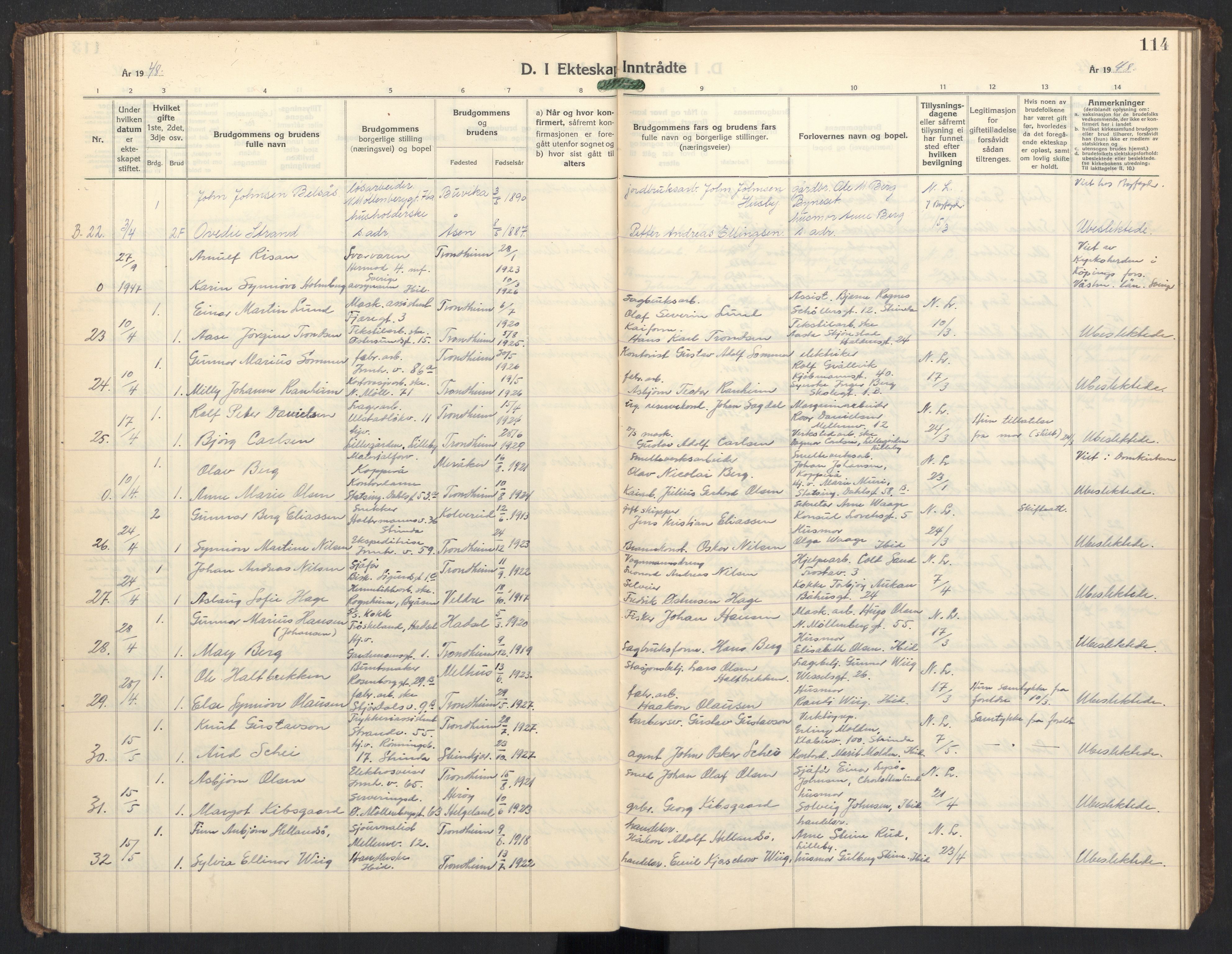 Ministerialprotokoller, klokkerbøker og fødselsregistre - Sør-Trøndelag, AV/SAT-A-1456/605/L0263: Parish register (copy) no. 605C10, 1938-1949, p. 114