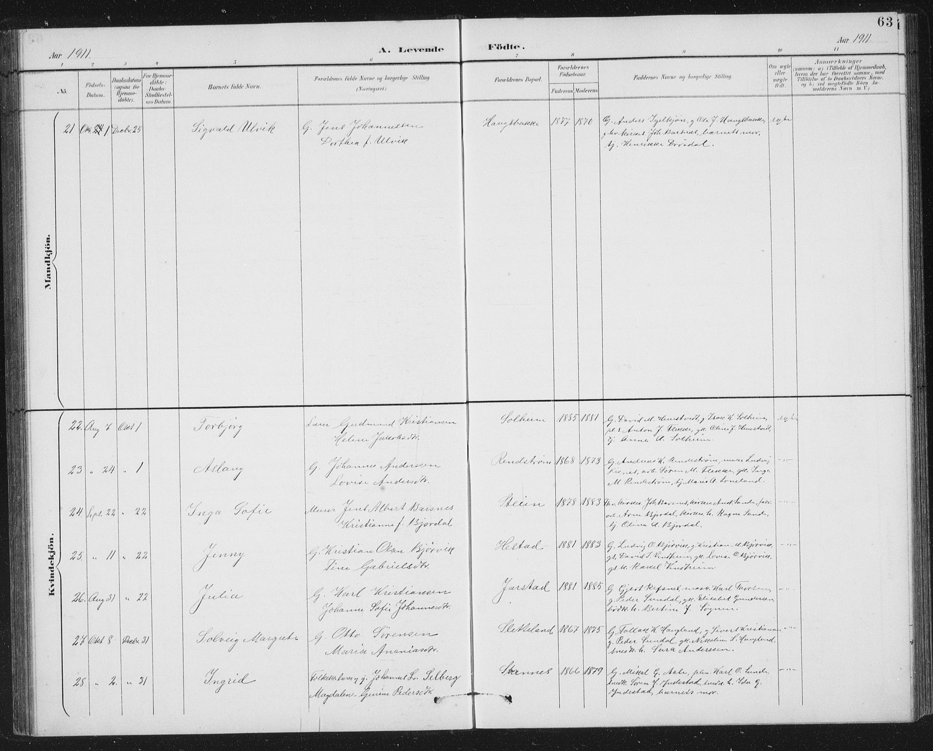 Fjaler sokneprestembete, AV/SAB-A-79801/H/Hab/Habc/L0003: Parish register (copy) no. C 3, 1894-1917, p. 63