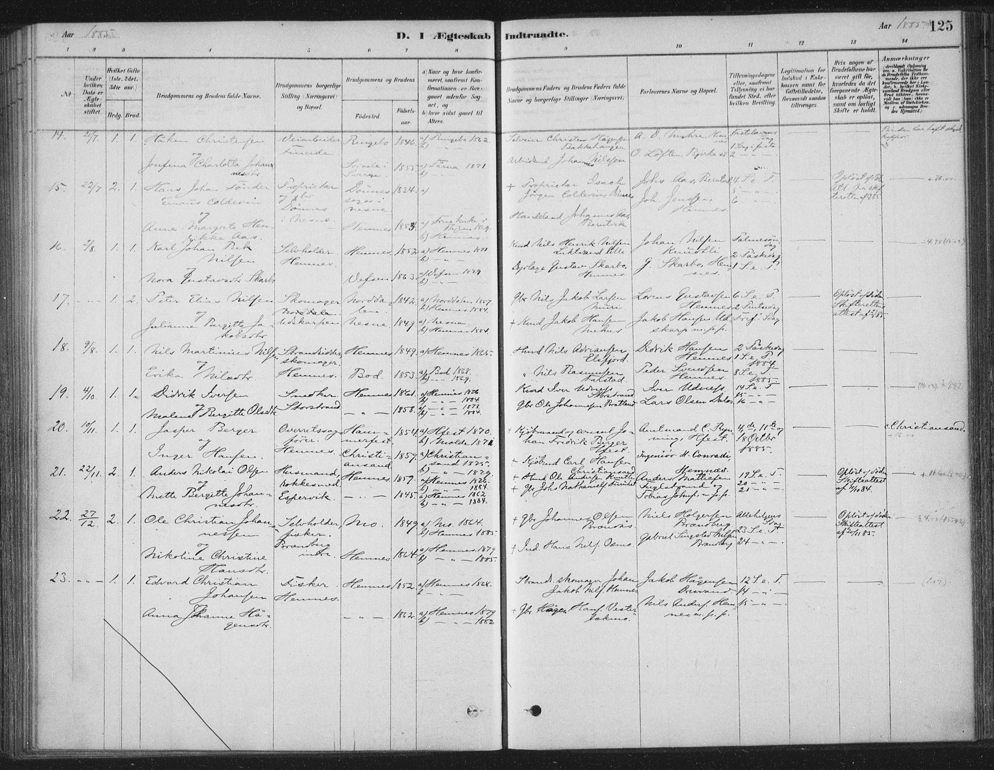 Ministerialprotokoller, klokkerbøker og fødselsregistre - Nordland, AV/SAT-A-1459/825/L0361: Parish register (official) no. 825A15, 1878-1893, p. 125