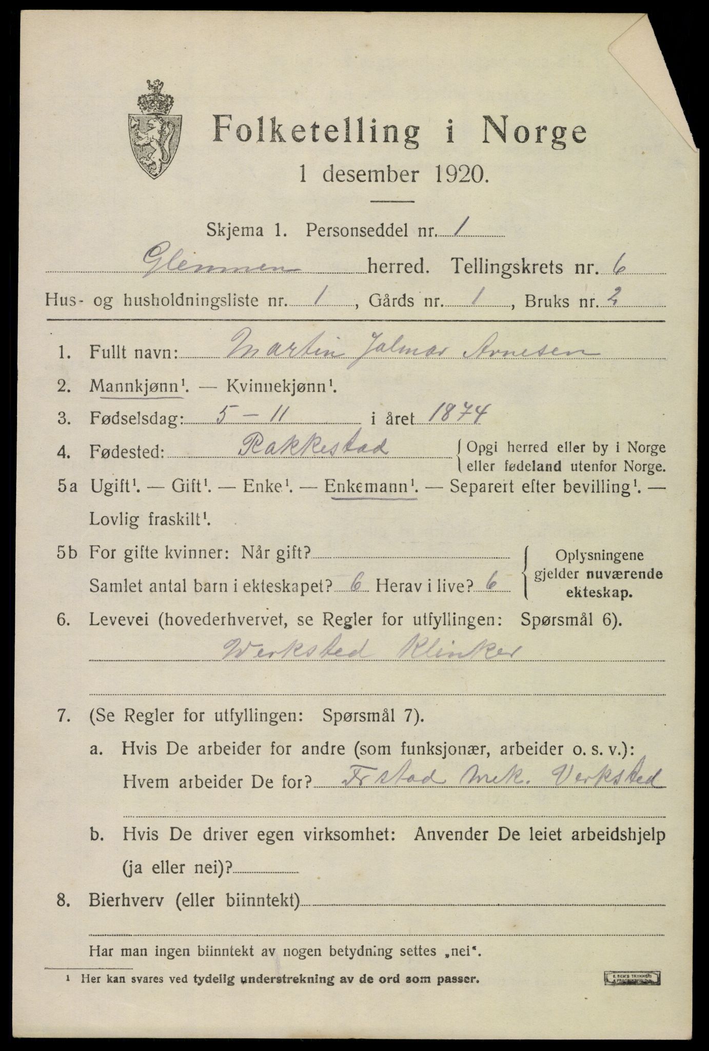 SAO, 1920 census for Glemmen, 1920, p. 18547