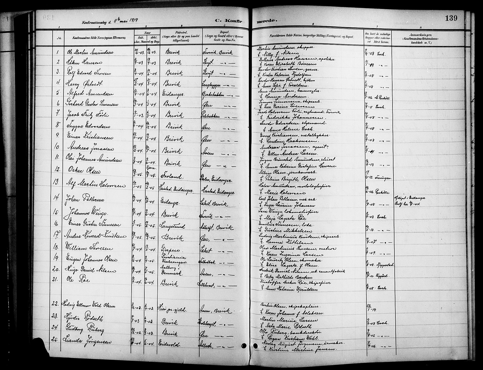 Brevik kirkebøker, SAKO/A-255/G/Ga/L0005: Parish register (copy) no. 5, 1901-1924, p. 139