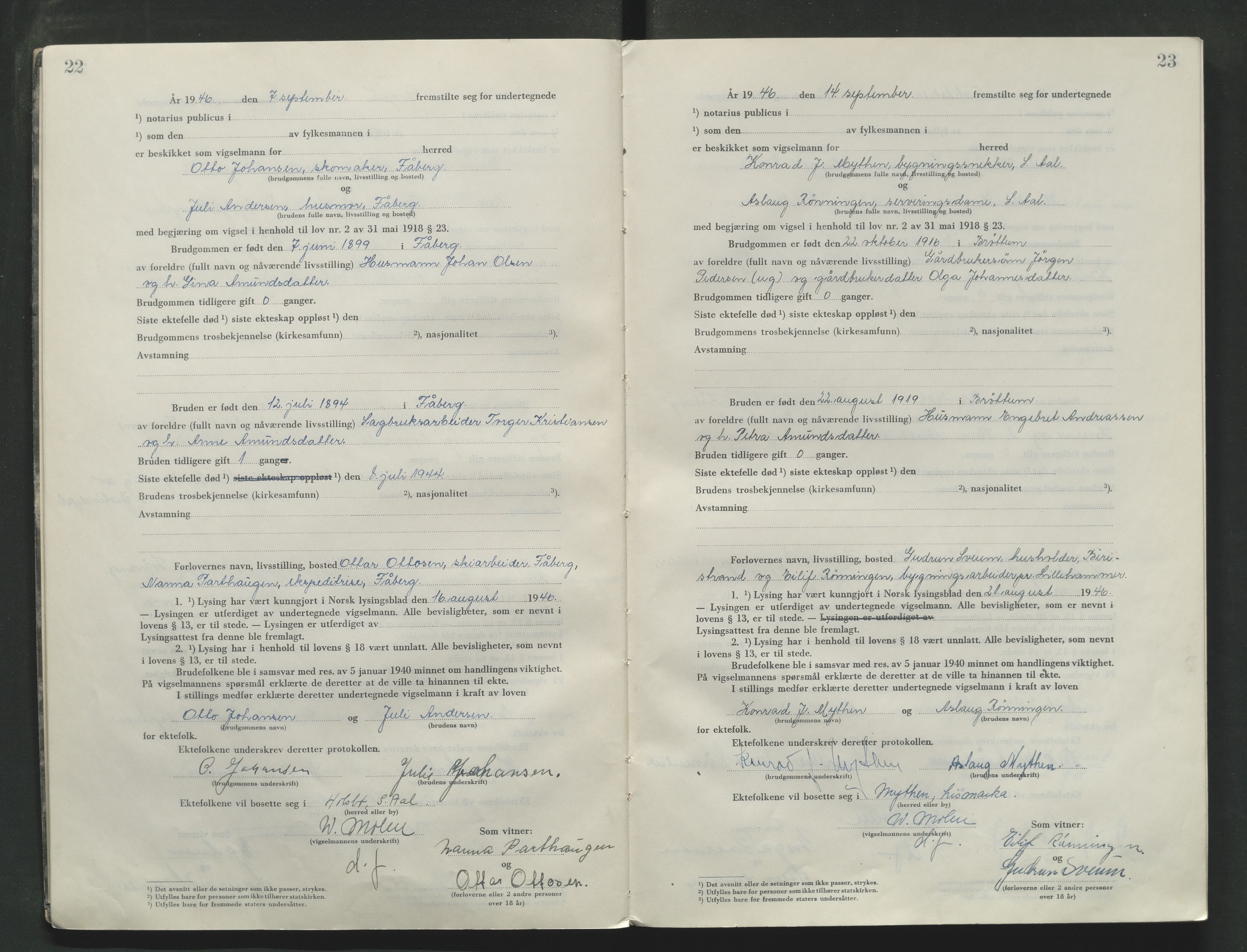 Sør-Gudbrandsdal tingrett, AV/SAH-TING-004/L/Lc/L0006: Vigselsprotokoll, 1946-1954, p. 22-23