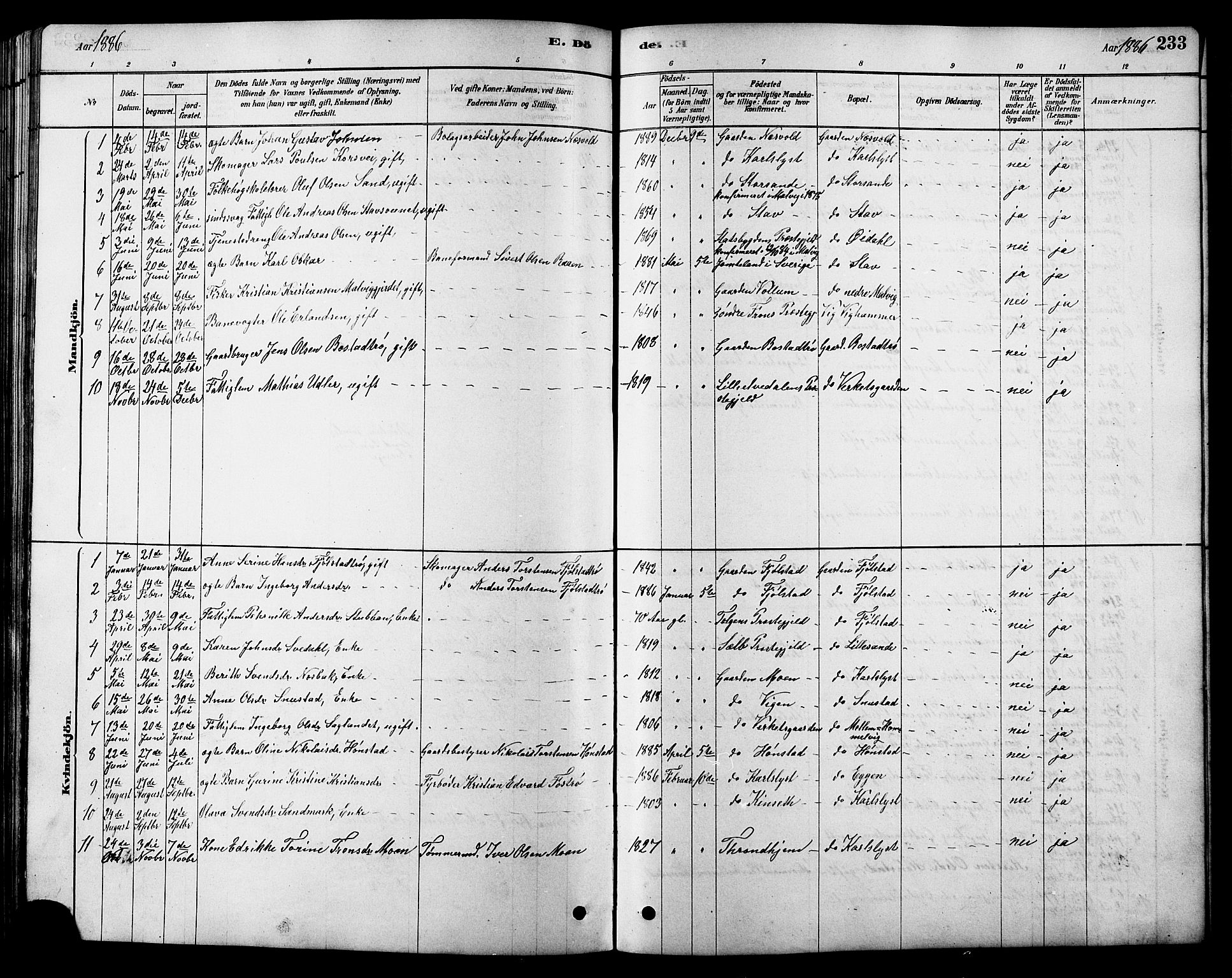 Ministerialprotokoller, klokkerbøker og fødselsregistre - Sør-Trøndelag, SAT/A-1456/616/L0423: Parish register (copy) no. 616C06, 1878-1903, p. 233