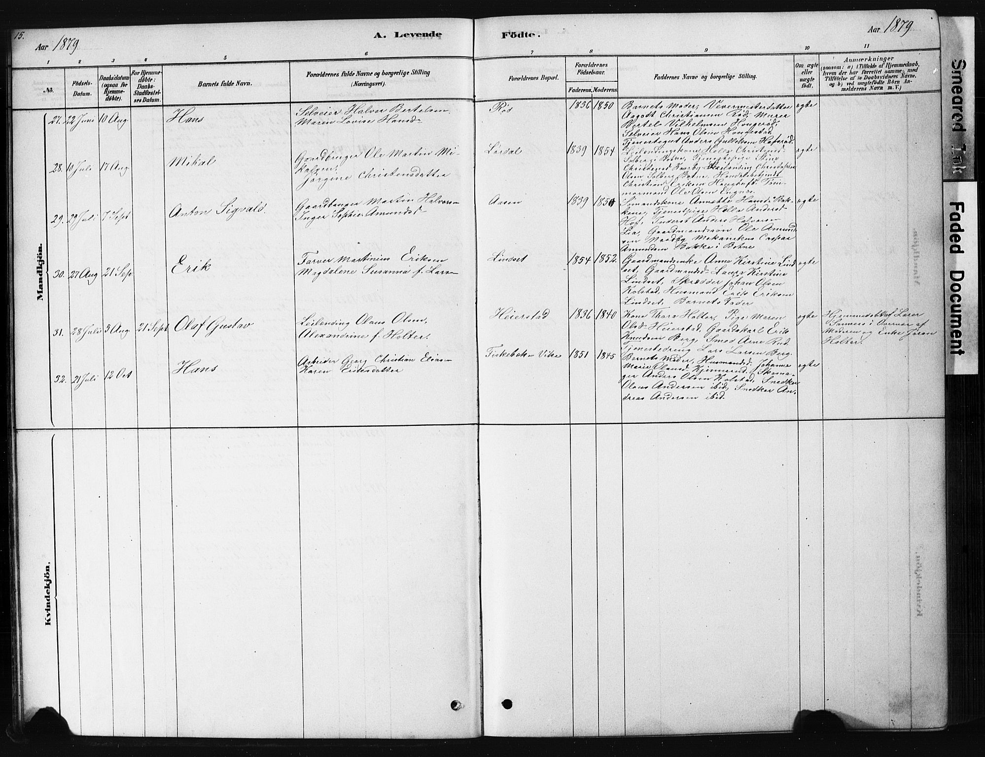 Hof kirkebøker, AV/SAKO-A-64/G/Ga/L0004: Parish register (copy) no. I 4, 1878-1930, p. 15